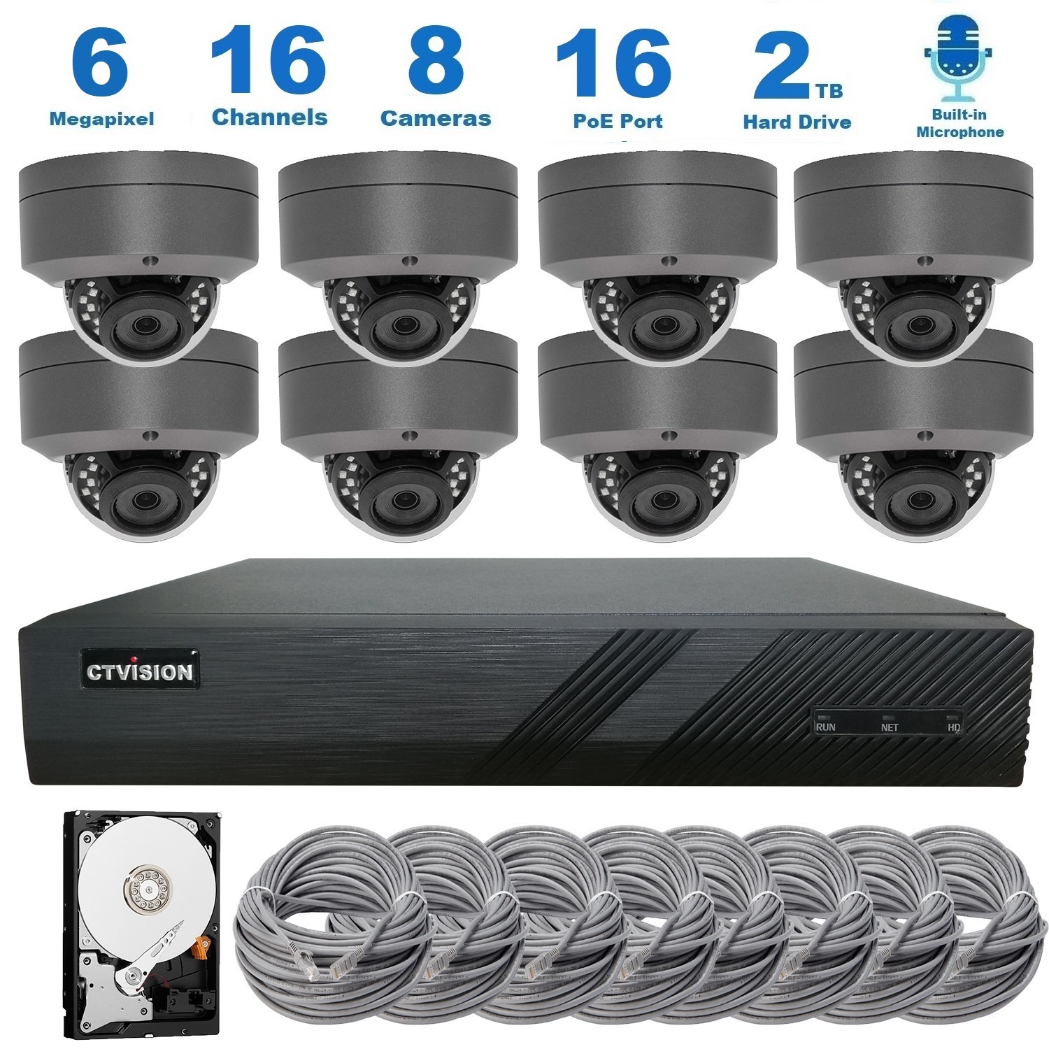 【Expandable】CTVISION 6MP Wired Audio Security Camera System, 8 Camera Surveillance Kit Indoor Outdoor DIY Audio 2TB HDD Included for Home Business