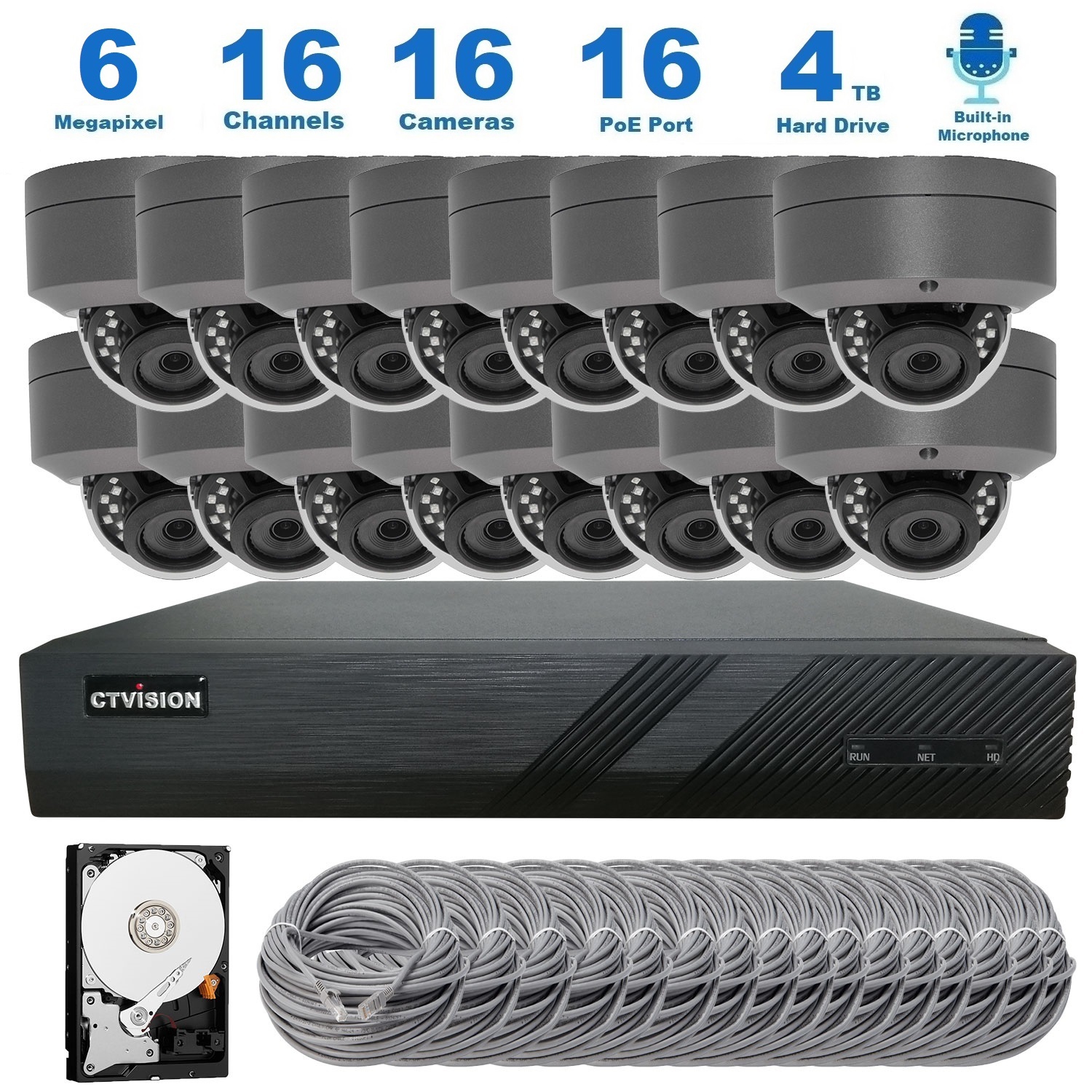 【Expandable】CTVISION 6MP Wired Audio Security Camera System, 16 Camera Surveillance Kit Indoor Outdoor DIY Audio 4TB HDD Included for Home Business
