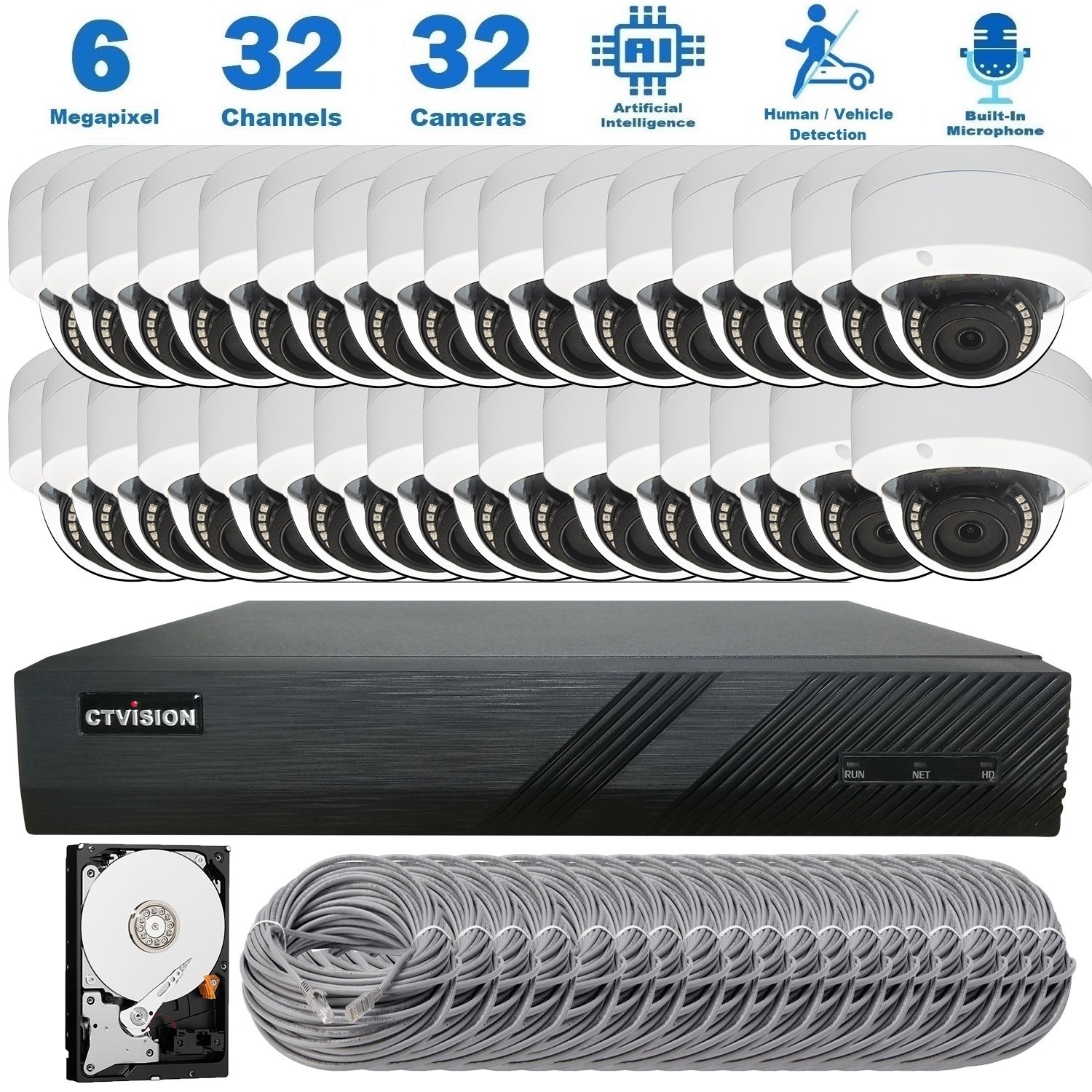 【Expandable】CTVISION 6MP Wired Audio Security Camera System, 32 Camera Surveillance Kit Outdoor DIY Audio 8TB HDD Included for Home Business Security Camera System