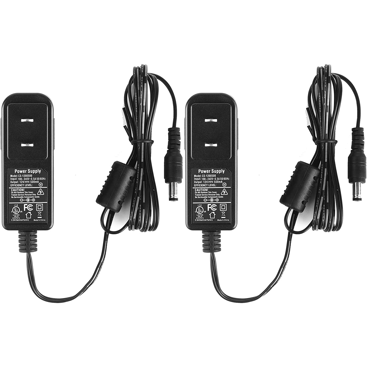 2-Pack AC to DC 12V 0.5A 500mA Power Supply Adapter 5.5mm x 2.1mm UL Listed FCC