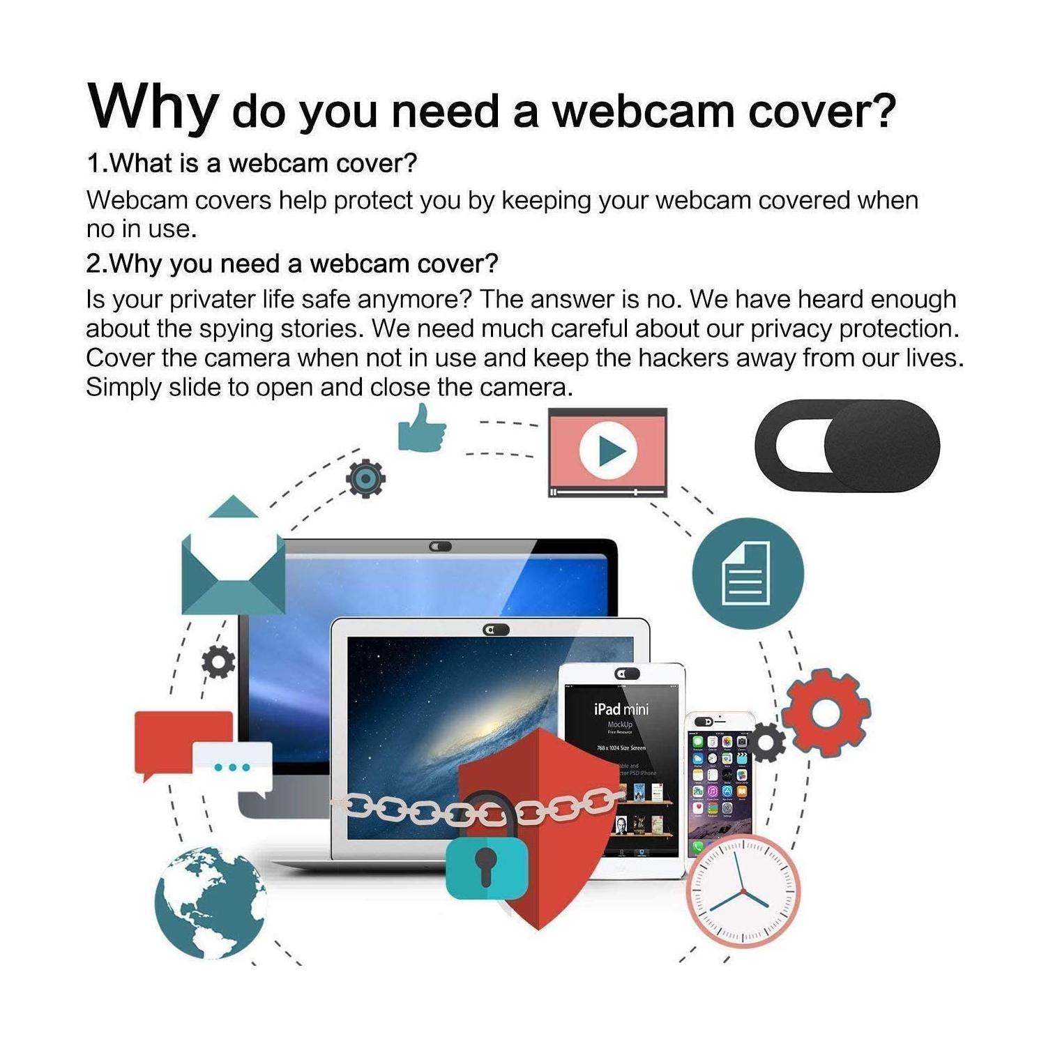 [3 Pack] Webcam Cover Slider for Privacy, 0.027in Ultra Thin Design Web Camera Cover Slide for MacBook, iPad, iPhone, Laptop, Desktop, PC, Tablet,