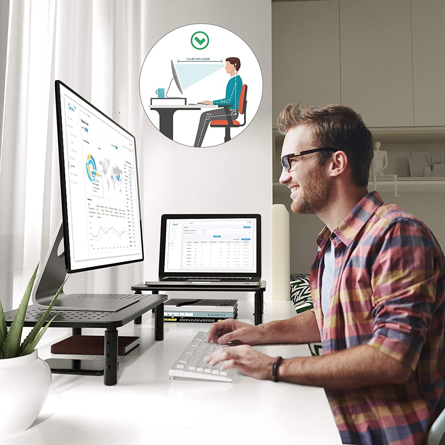 Support pour moniteur ordinateur portatif à 3 réglages de hauteur en métal robuste et stable avec caoutchouc antidérapant et plateforme en filet pour