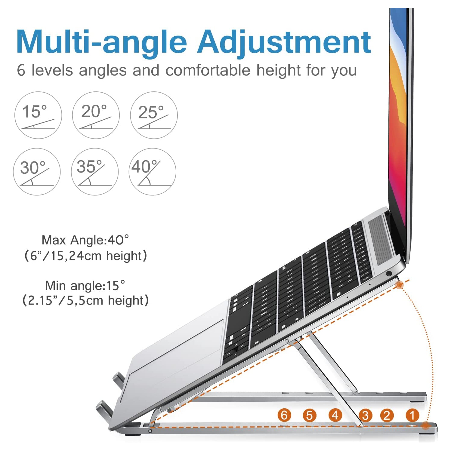 Support pour portable, support élévateur pour ordinateur portatif, support pour tablette, support de bureau pliable et ergonomique en aluminium à 6