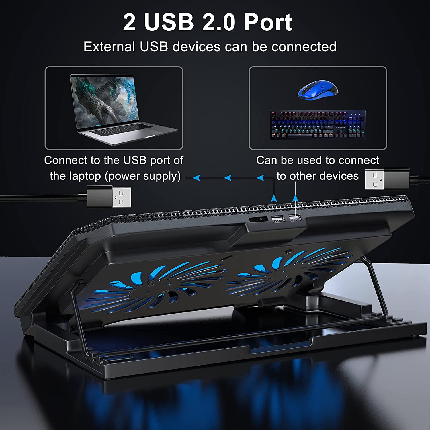 Laptop Cooling Pad with Adjustable Height Two 5.1 Inches Fan 2 USB Ports Suitable for 12'-15.6' Laptops(Black)