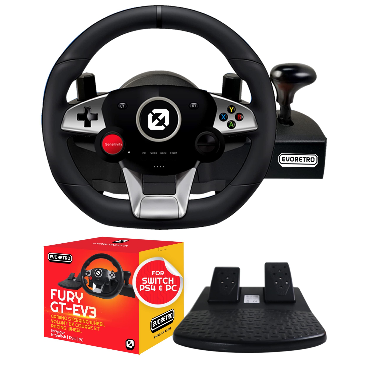 Fury GT-EV3 Gaming Steering Wheel with Gear Lever, Pedals, Wires, Clamp, and a FREE EVORETRO Sack Bag