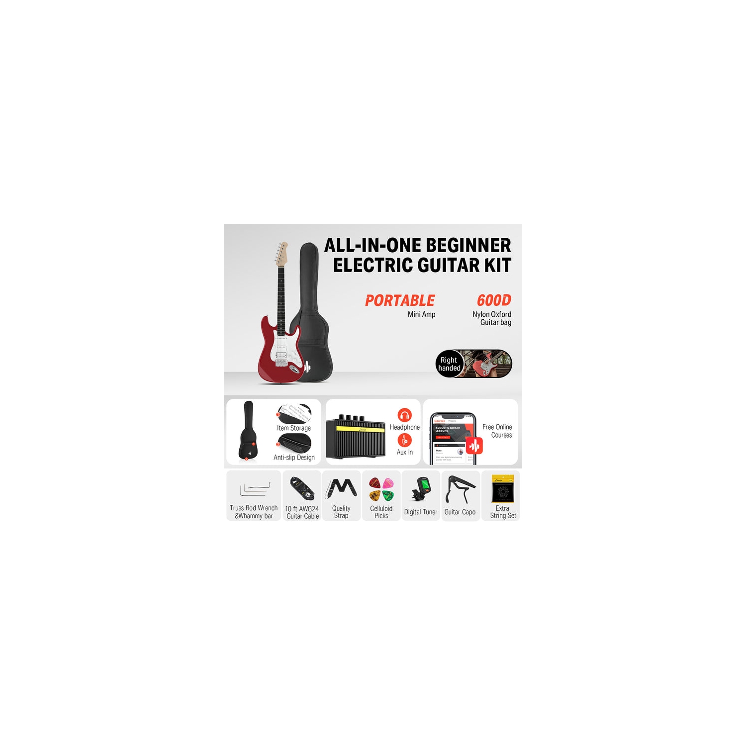 Donner DST-100 39 Inch ST Electric Guitar Kit with Amplifier Solid Body H-S-S Pickup - Right Handed
