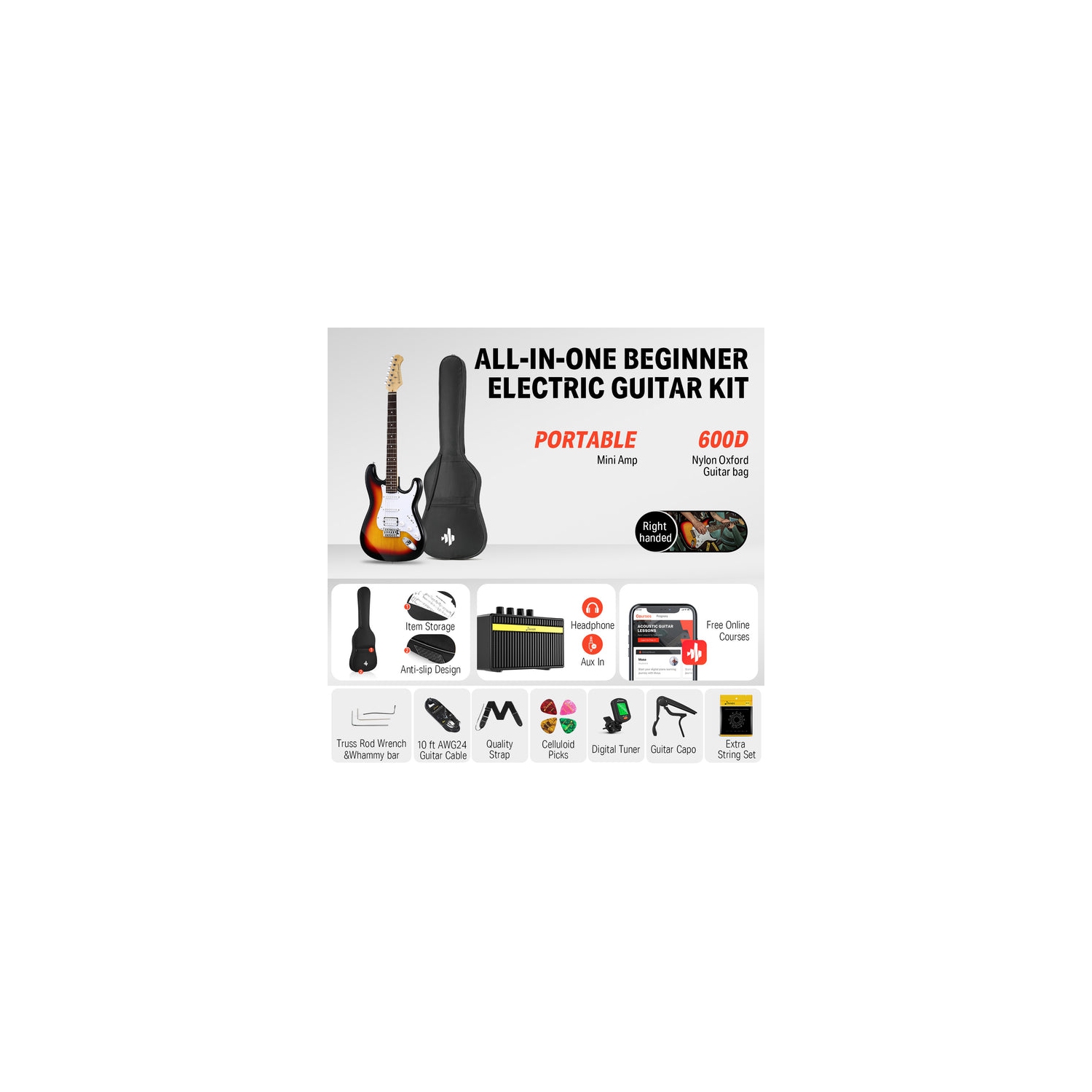 Donner DST-100 39 Inch ST Electric Guitar Kit with Amplifier Solid Body H-S-S Pickup - Right Handed