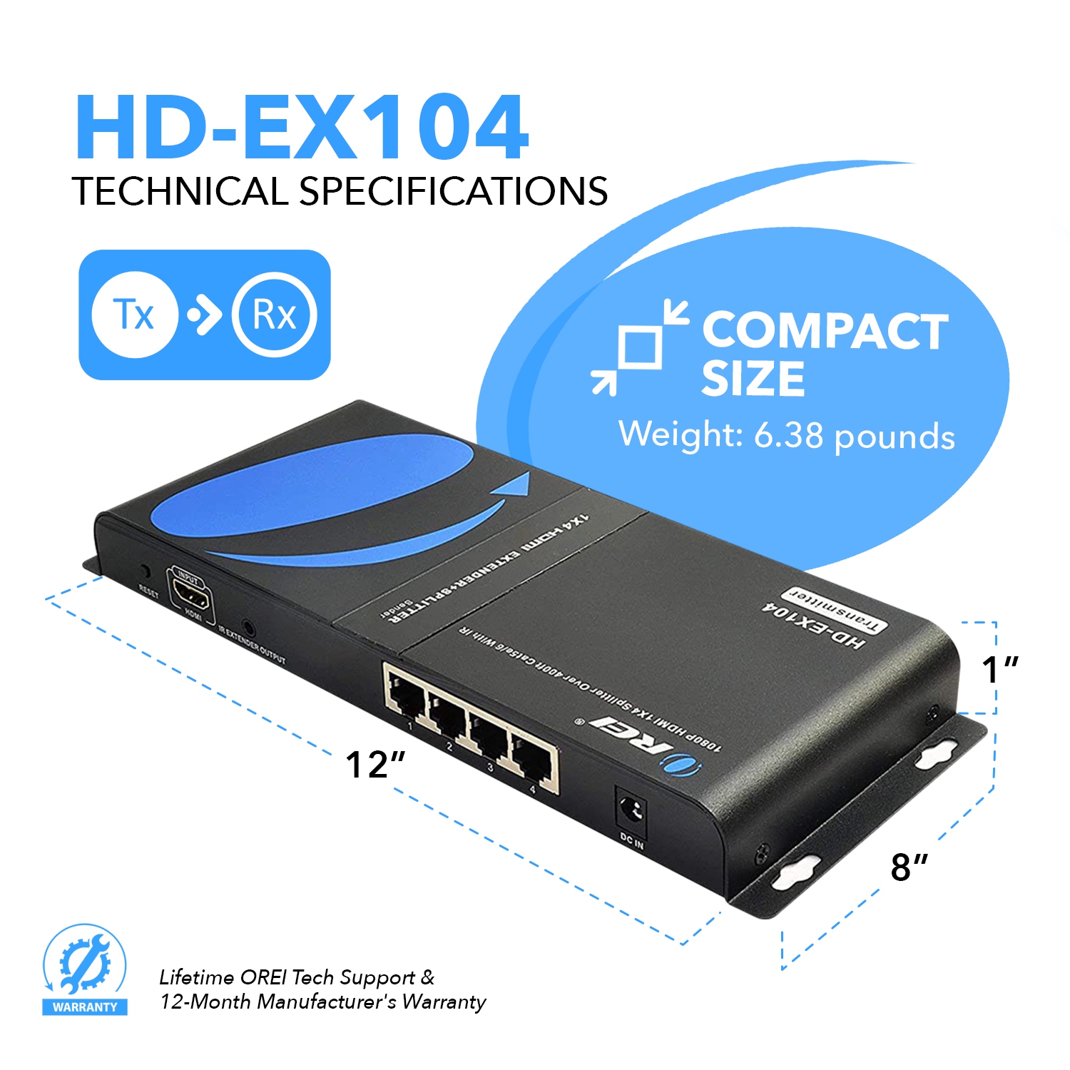 1080P 1x4 HDMI Extender Splitter by OREI Balun Multiple Over Single Cable CAT5e/6/7 Full HD with IR & EDID Management - Up to 400 Ft - Low Latency -