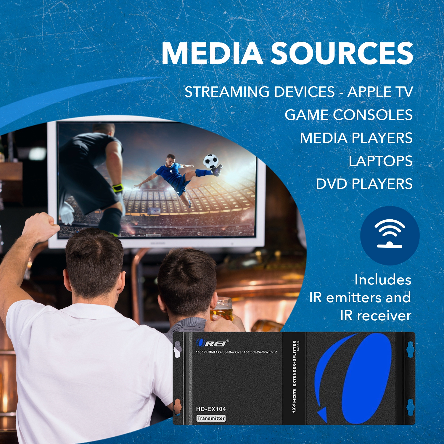 1080P 1x4 HDMI Extender Splitter by OREI Balun Multiple Over Single Cable CAT5e/6/7 Full HD with IR & EDID Management - Up to 400 Ft - Low Latency -