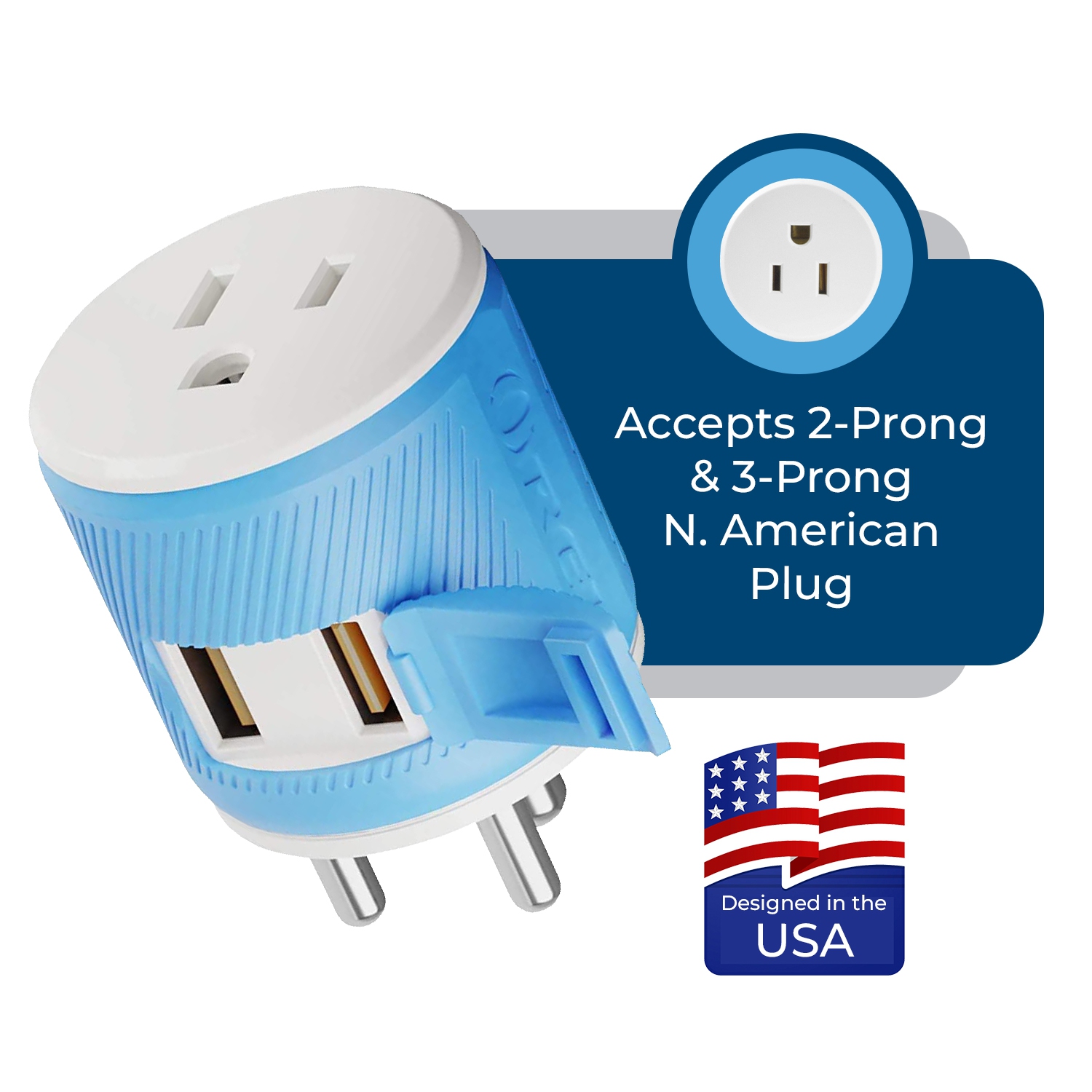OREI India, Nepal, Maldives Travel Plug Adapter Dual USB Surge Protection Type D