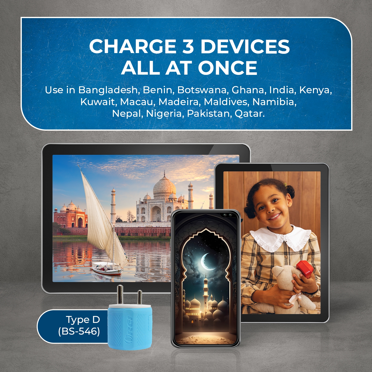 OREI India, Nepal, Maldives Travel Plug Adapter Dual USB Surge Protection Type D