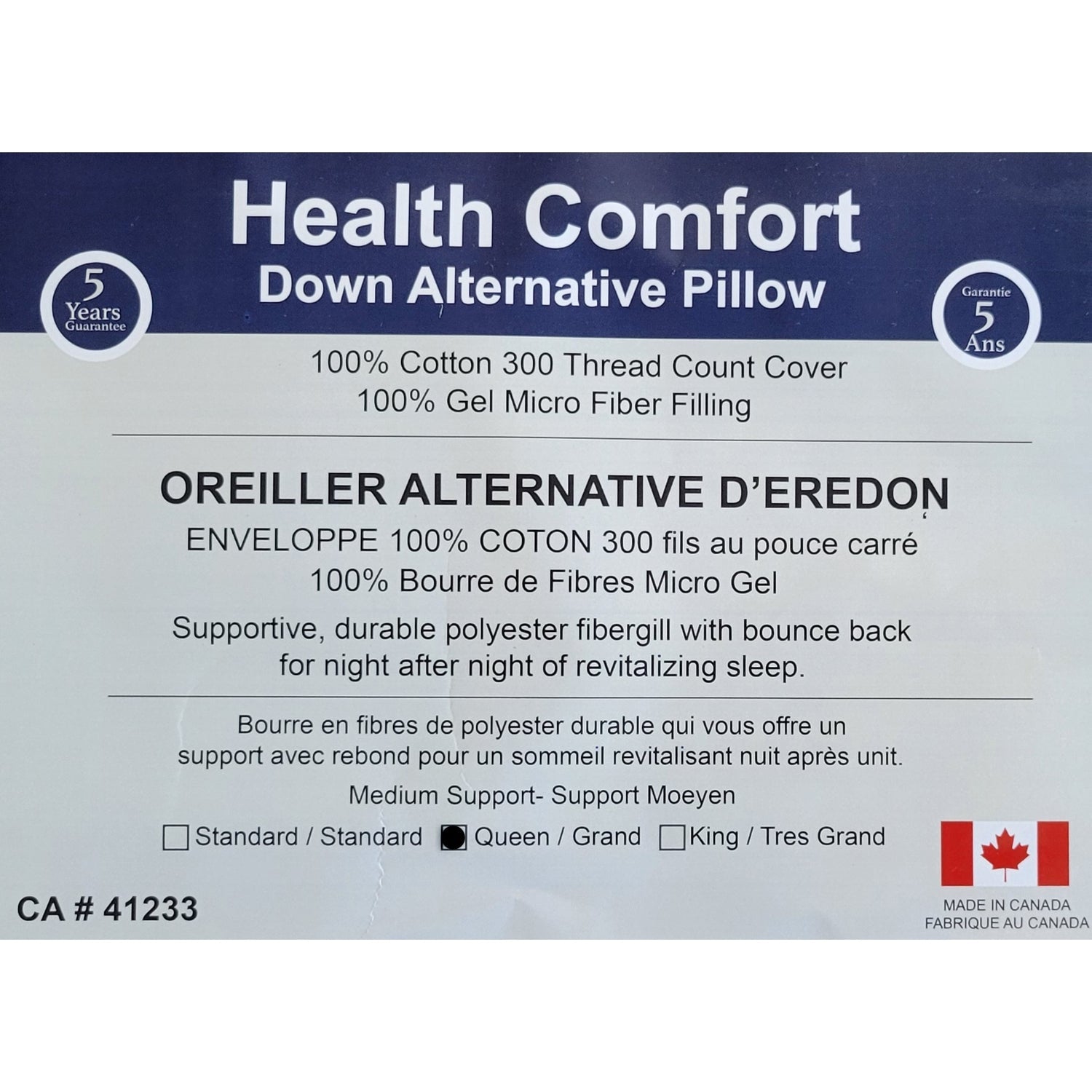 Coton House - Oreiller 100 % microfibre gel, enveloppe en coton, grand lit, fabriqué au Canada