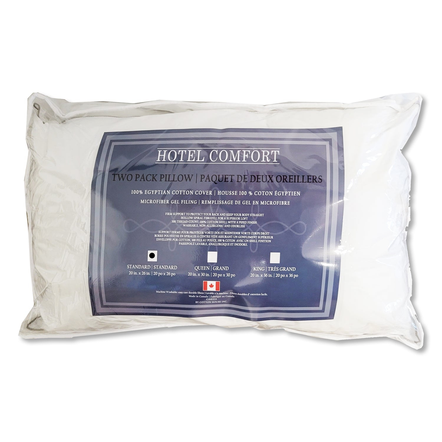 Coton House - Ensemble de deux oreillers, gel microfibre, housse 100 % coton égyptien, taille standard, fabriqué au Canada