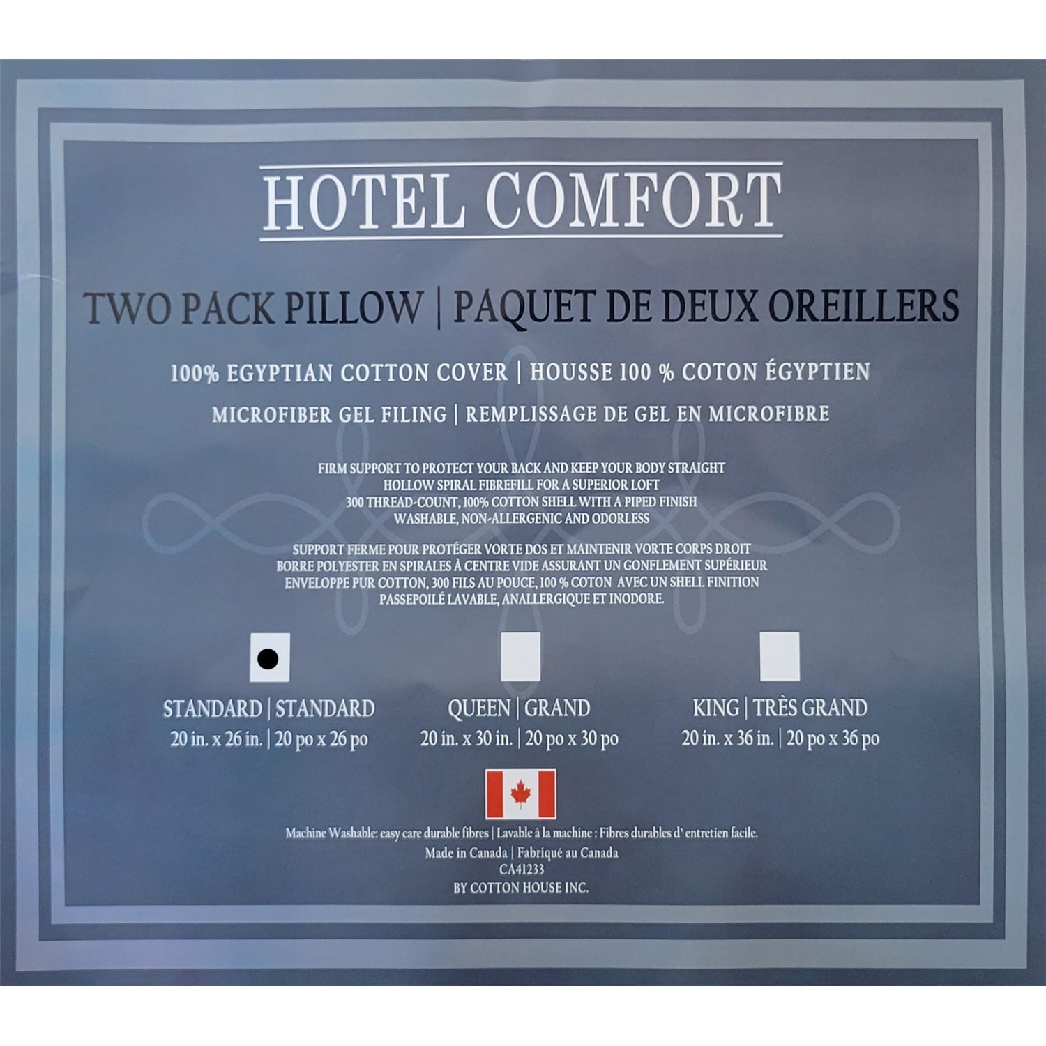 Coton House - Ensemble de deux oreillers, gel microfibre, housse 100 % coton égyptien, taille standard, fabriqué au Canada