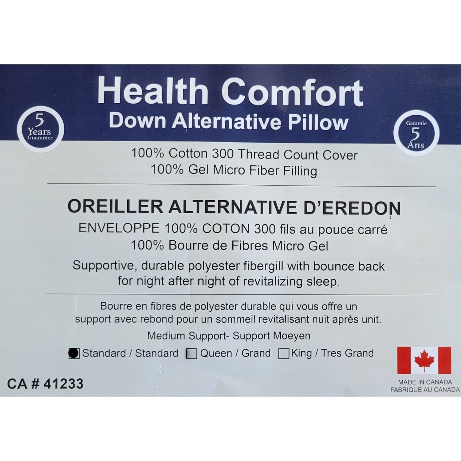 Coton House – Oreiller 100 % microfibre de gel, enveloppe en coton, taille standard, fabriqué au Canada