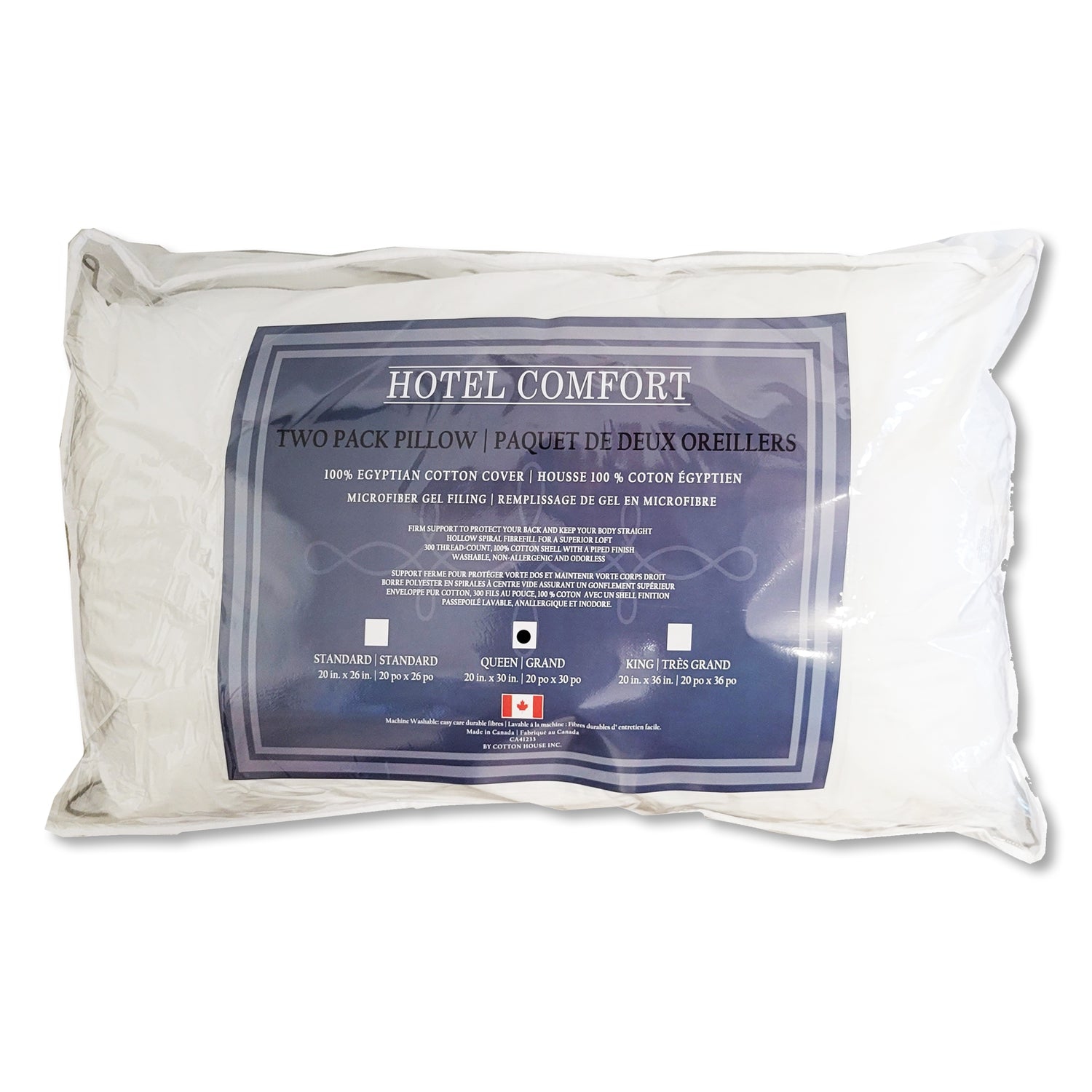 Cotton House - Set of Two Pillows, Microfiber Gel, 100% Egyptian Cotton Cover, Queen Size, Made in Canada