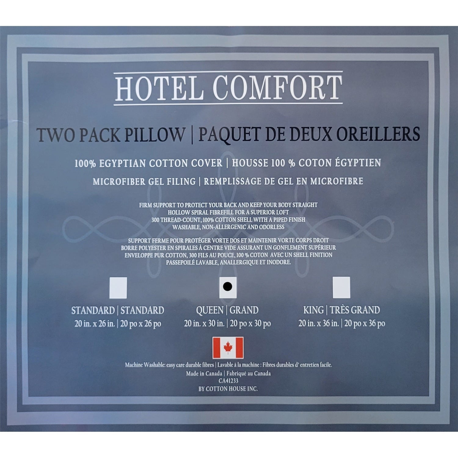 Cotton House - Set of Two Pillows, Microfiber Gel, 100% Egyptian Cotton Cover, Queen Size, Made in Canada