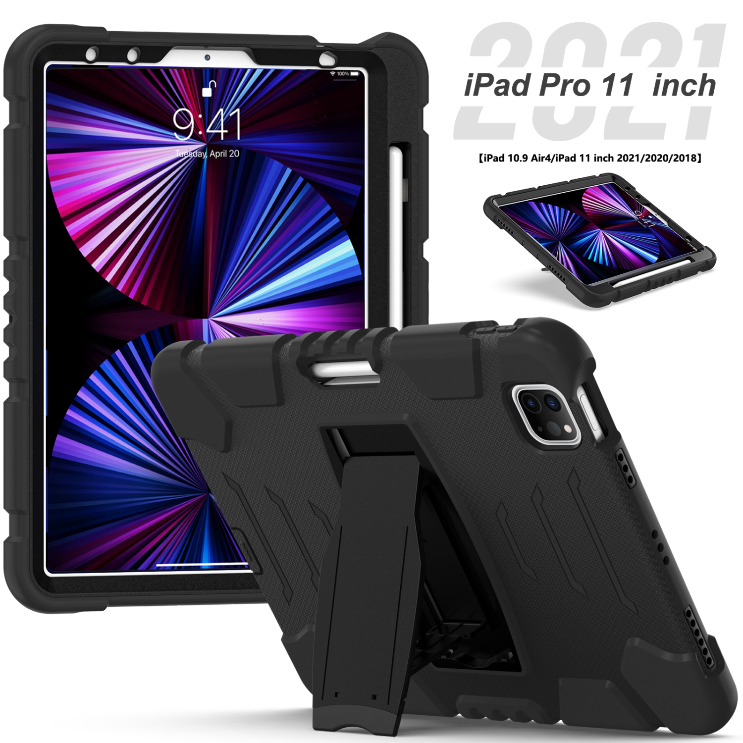XCRS Full Body Heavy Duty Triple Layered Shockproof Rugged Kickstand Case Apple iPad Air, Air 4 (2020)/ iPad Pro 11 (2021 / 2020 / 2018), Anti Skid