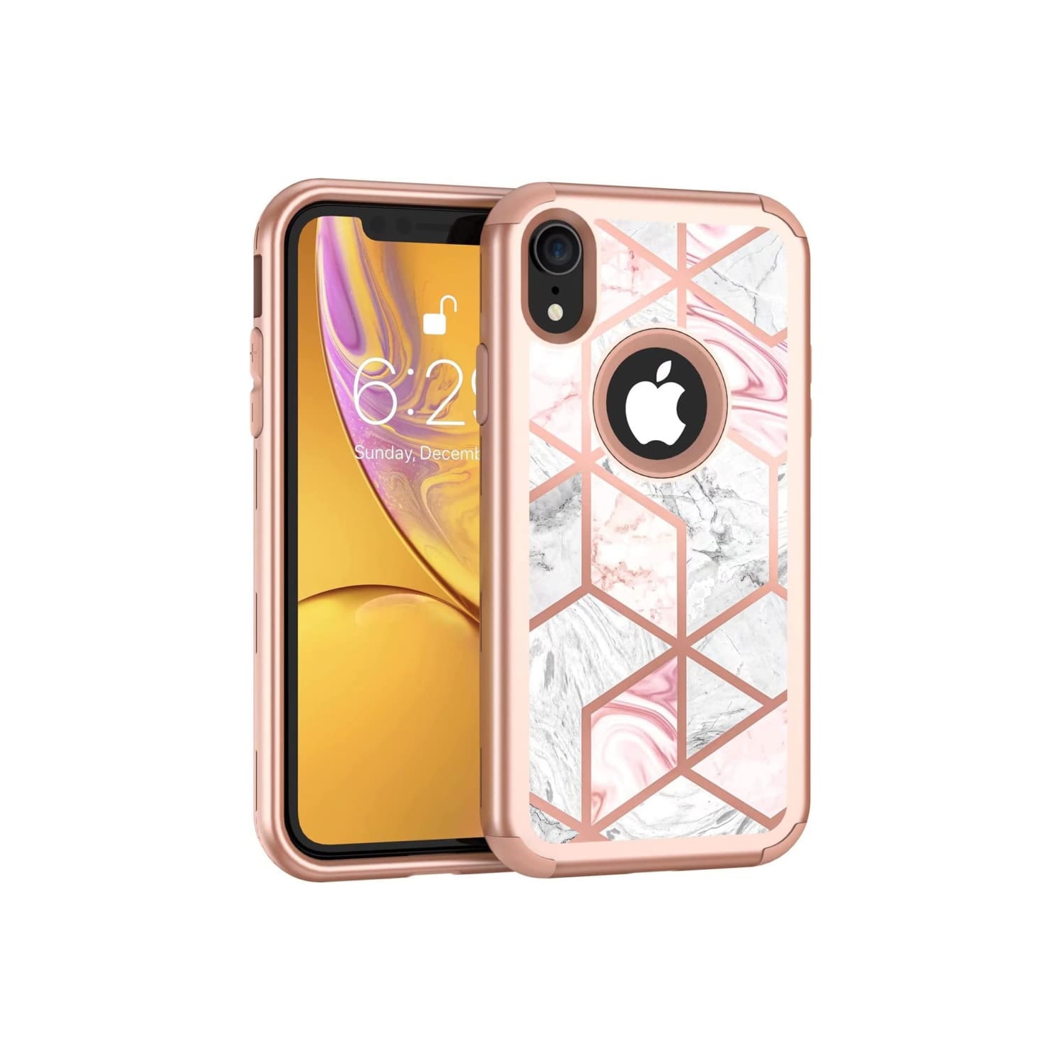 Heavy Duty Full-Body Armor Shockproof Bumper Hard Back Protective Geometric Marble Phone Case for iPhone XR A1984 A2105