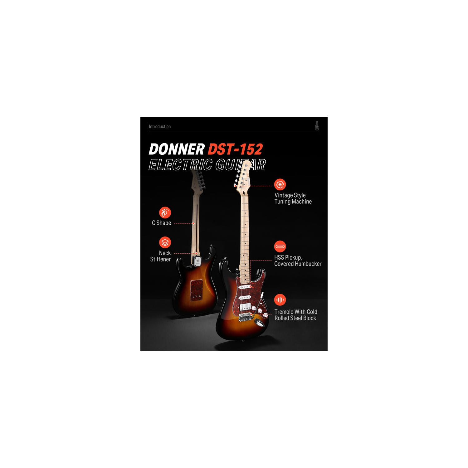 Donner DST-152 Full-Size ST Electric Guitar Kit with Amplifier 39-inch Coil Split HSS Pickup Beginner Set