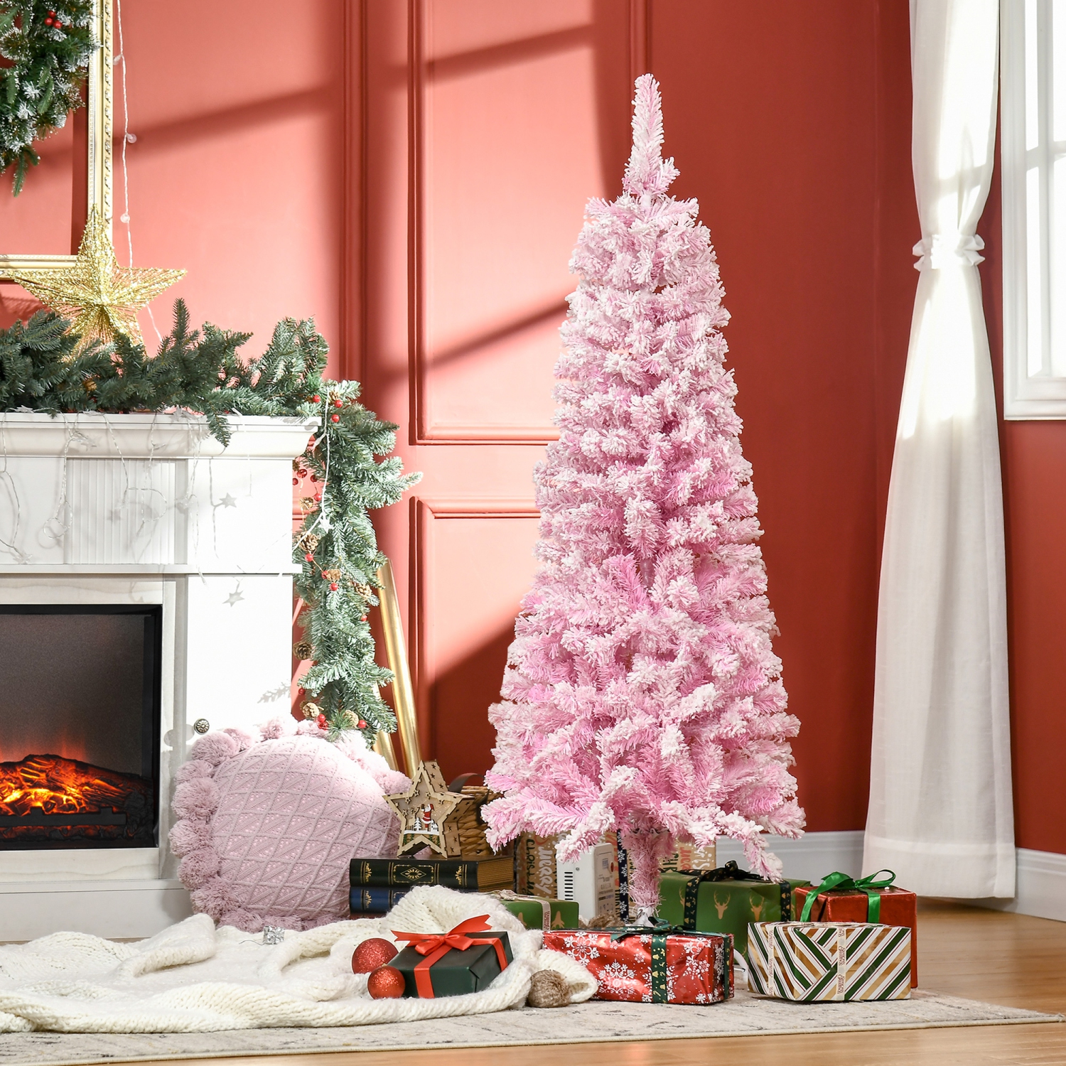 HOMCOM – Arbre de Noël artificiel floqué de neige de 5 pi, arbre de Noël crayon avec branches réalistes, ouverture automatique et base en acier, rose