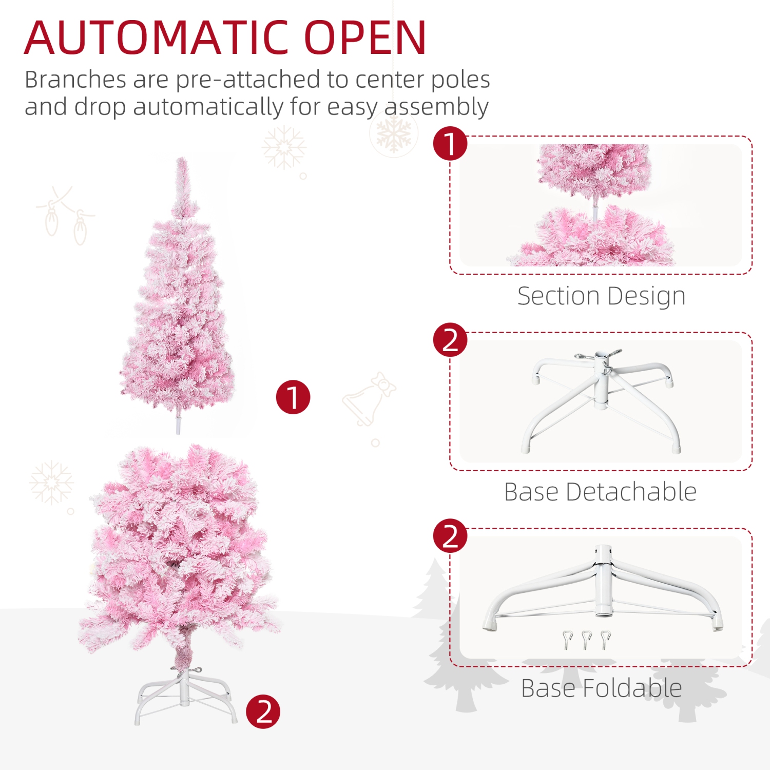 HOMCOM – Arbre de Noël artificiel floqué de neige de 5 pi, arbre de Noël crayon avec branches réalistes, ouverture automatique et base en acier, rose