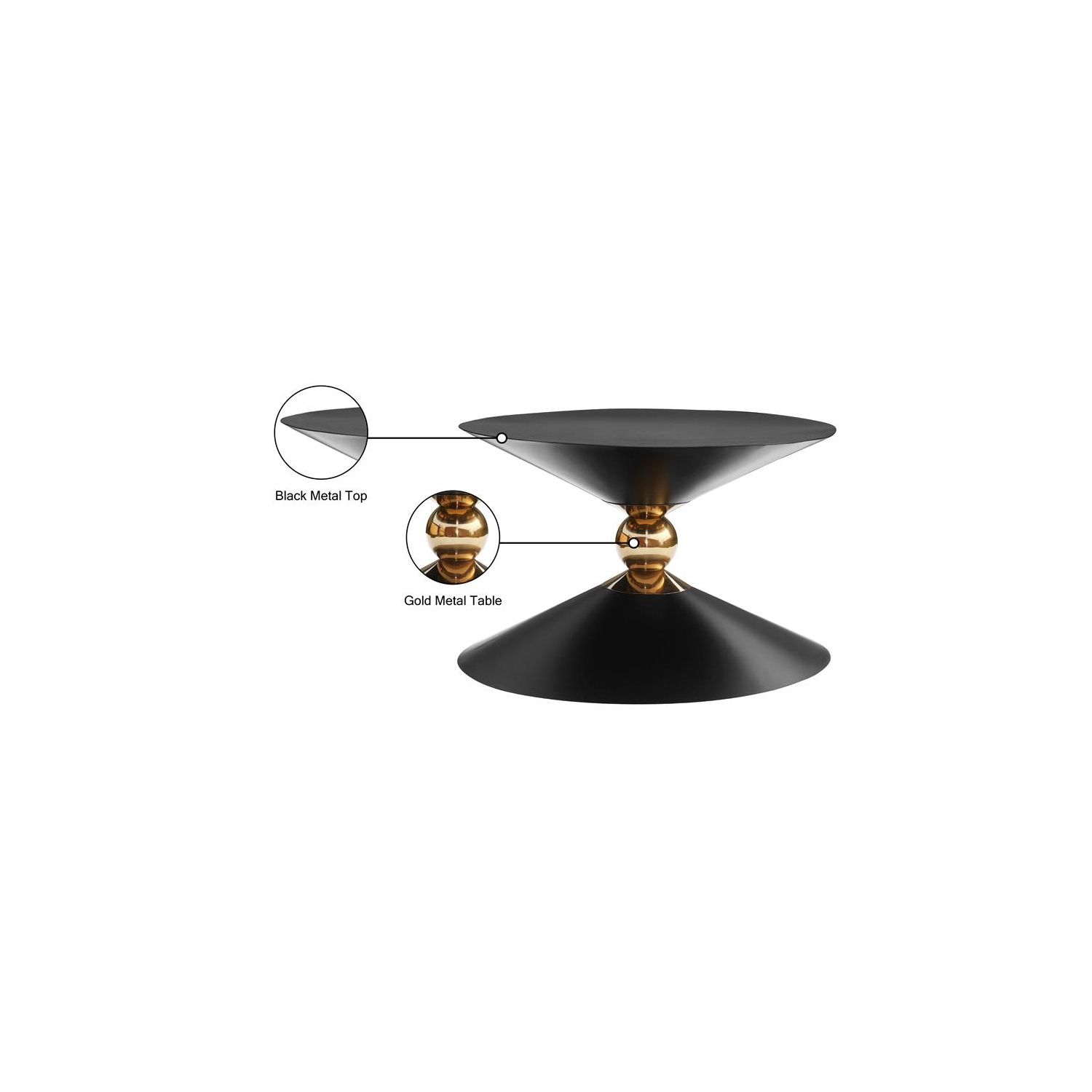 Meridian Furniture Malia Black and Gold Metal Hourglass Shaped Coffee Table