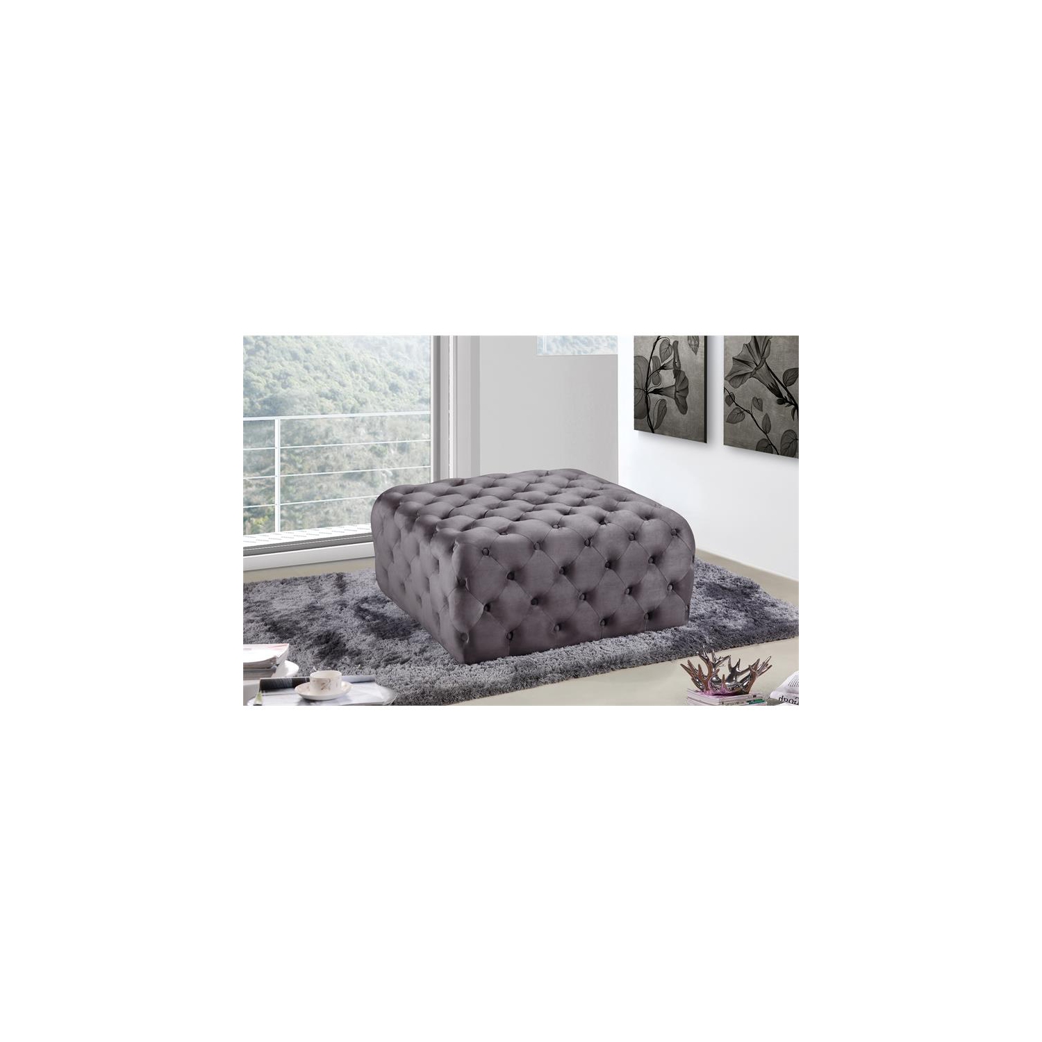 Meridian Furniture Ariel Button Tufted Gray Velvet Ottoman and Bench