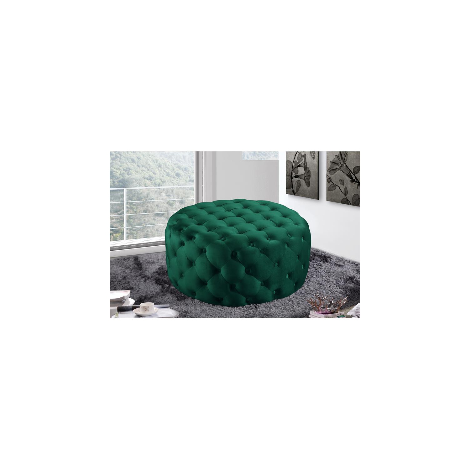 Meridian Furniture Addison Button Tufted Green Velvet Ottoman and Bench