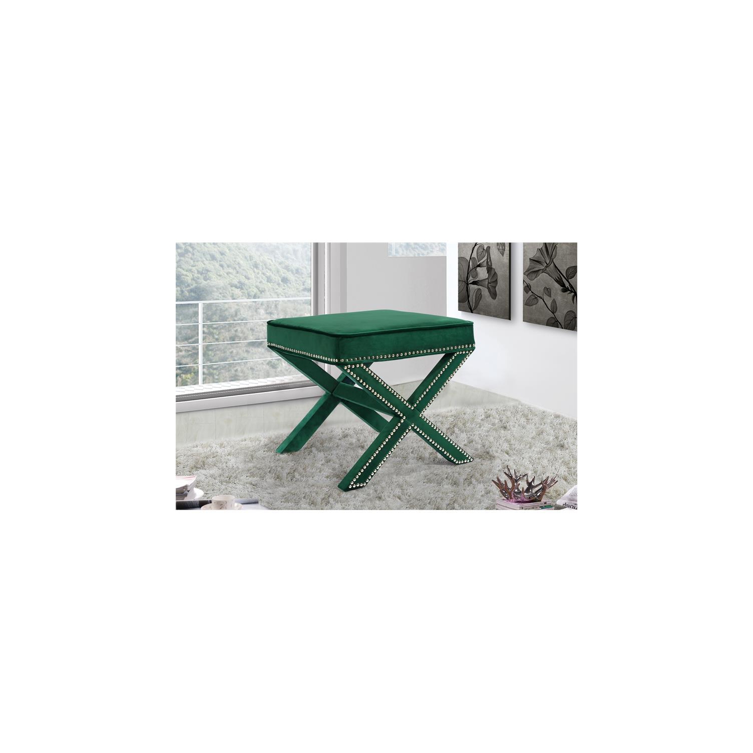 Meridian Furniture Nixon Contemporary Velvet Ottoman/Bench in Green
