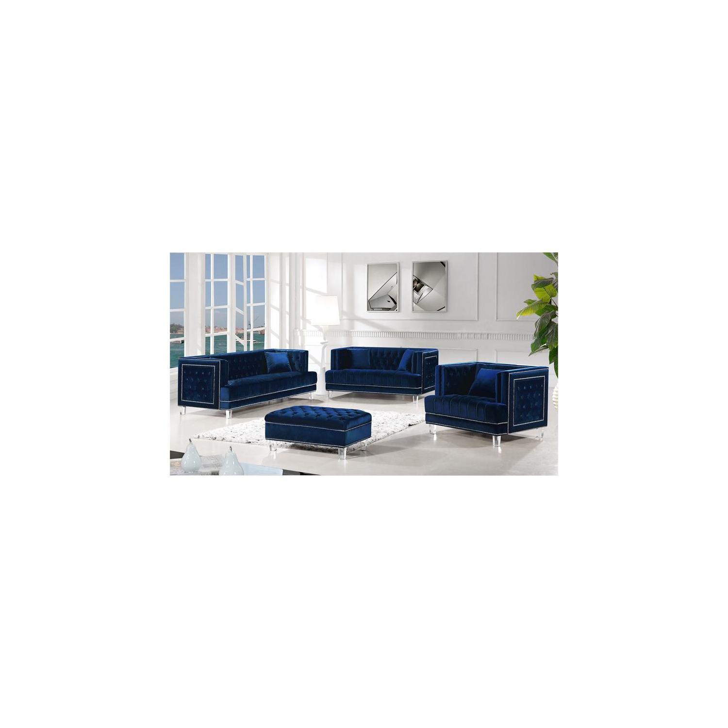 Meridian Furniture Lucas Navy Velvet Ottoman