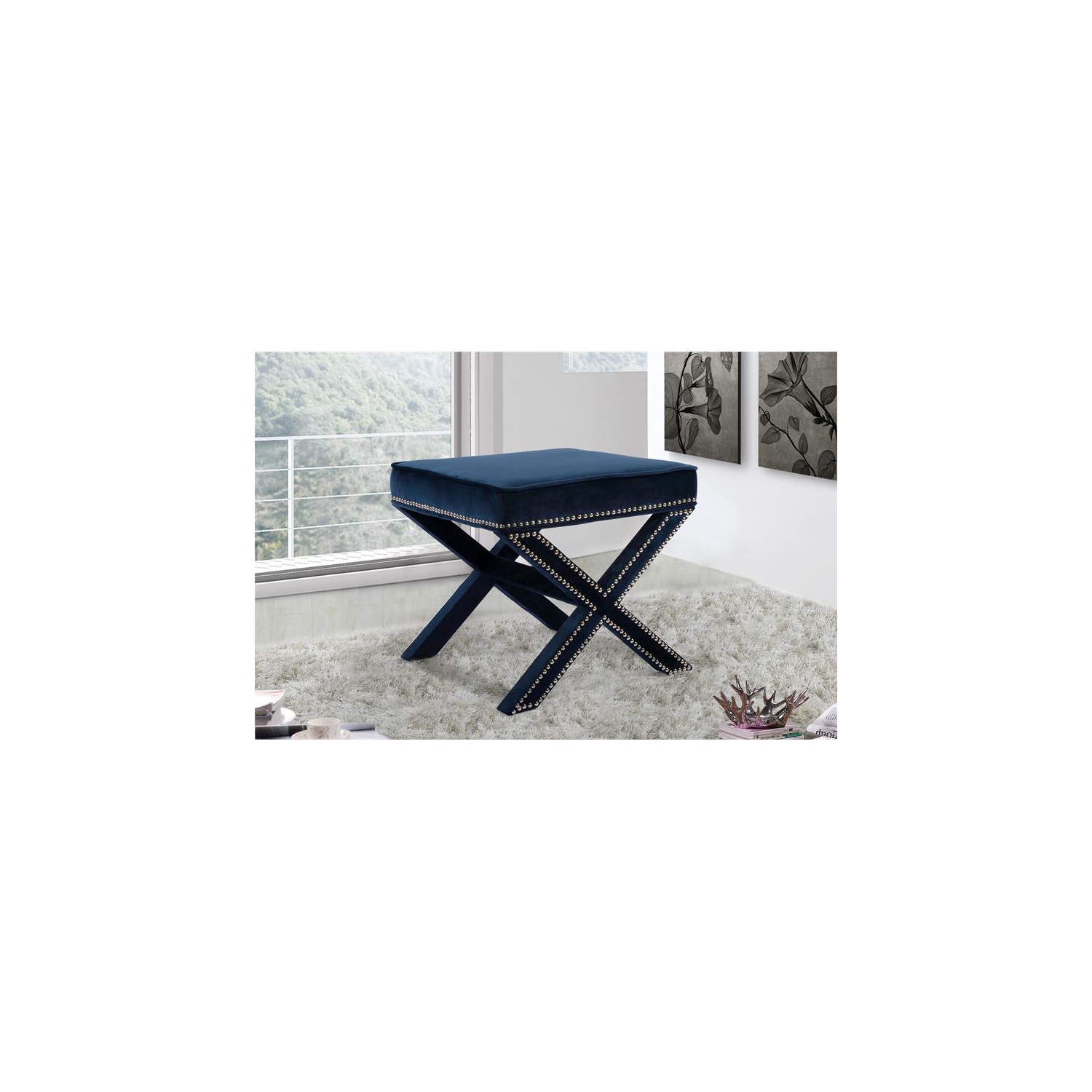 Meridian Furniture Nixon Contemporary Velvet Ottoman/Bench in Navy