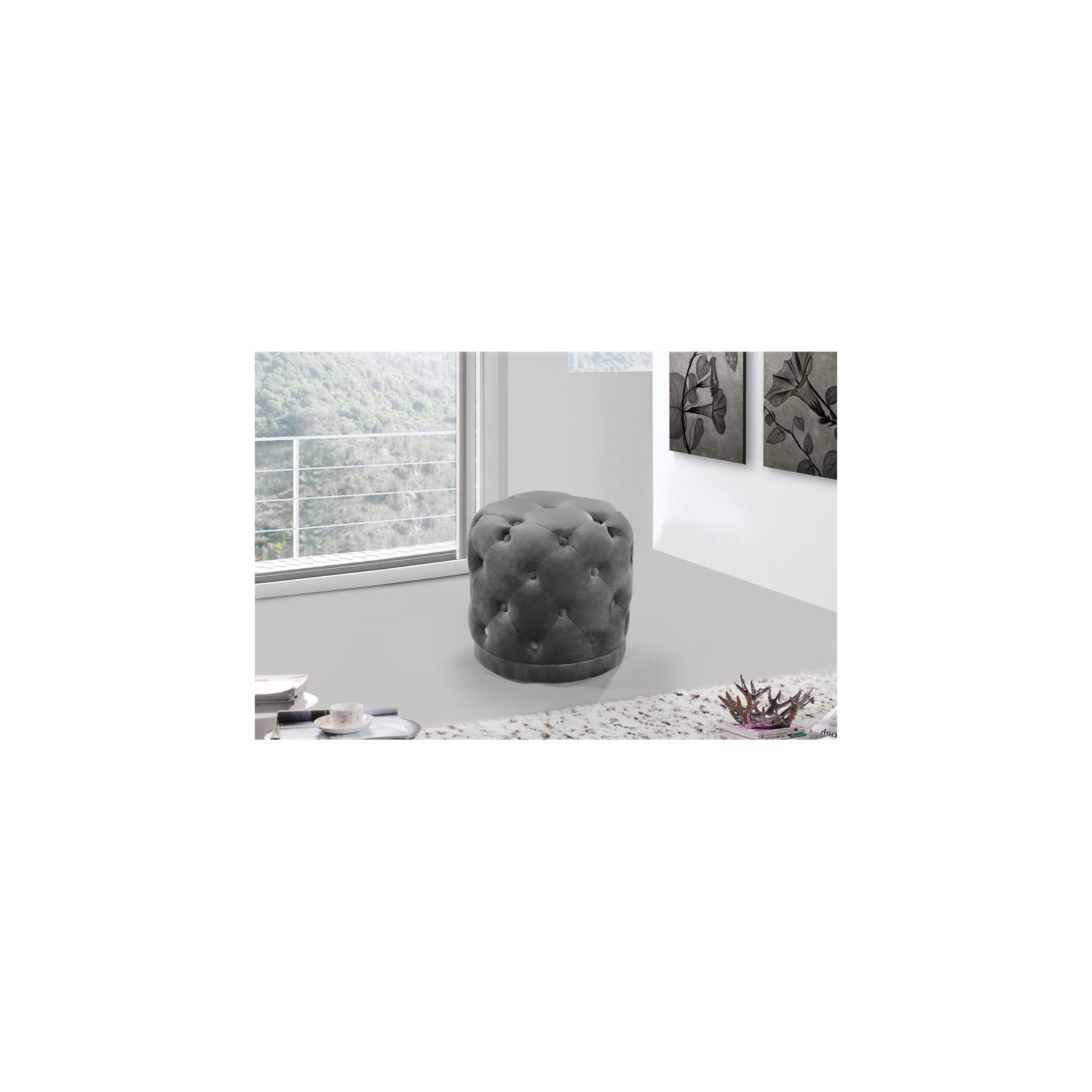 Tabouret/pouf contemporain en velours Harper de Meridian Furniture – Gris