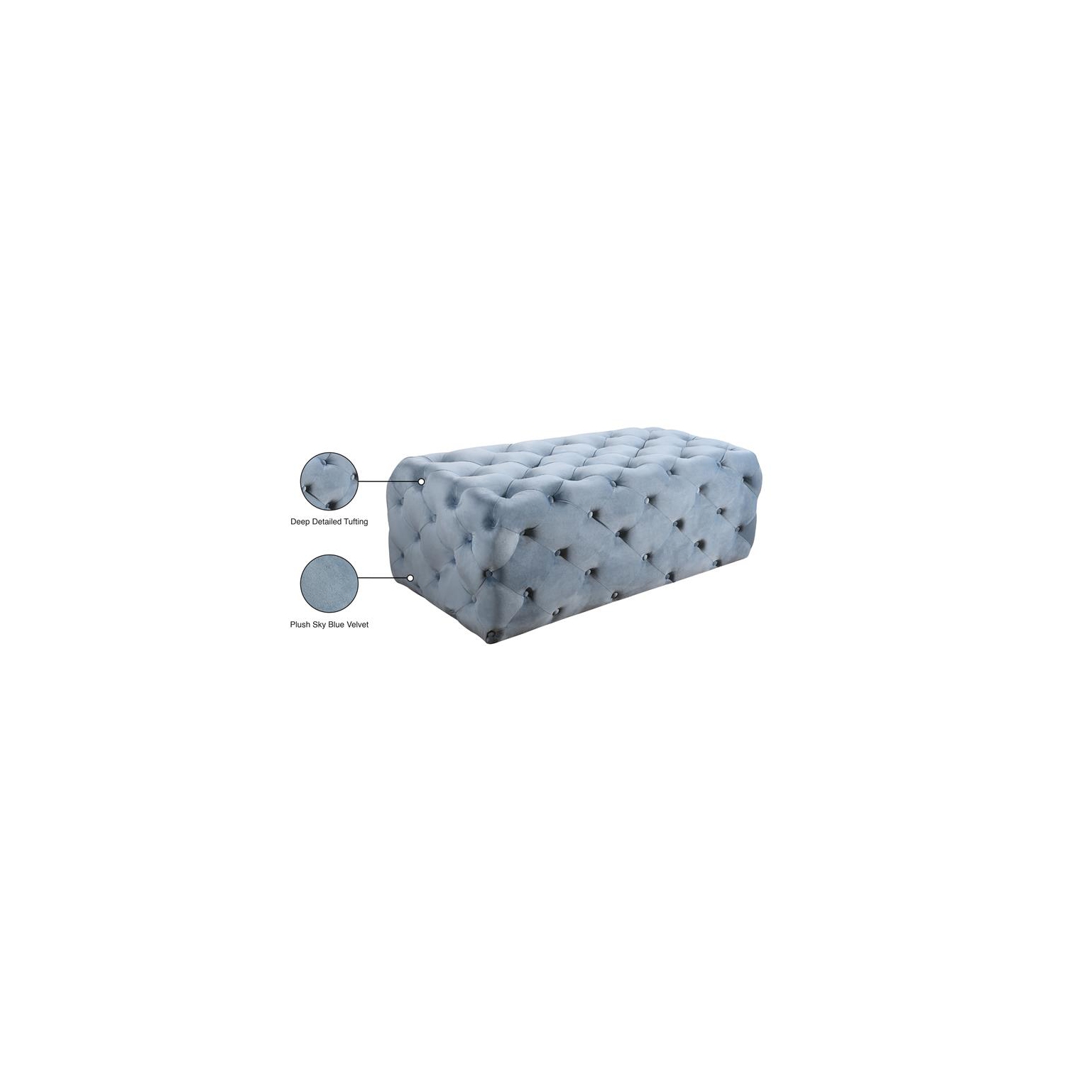 Pouf et banc en velours bleu ciel Casey Button de Meridian Furniture