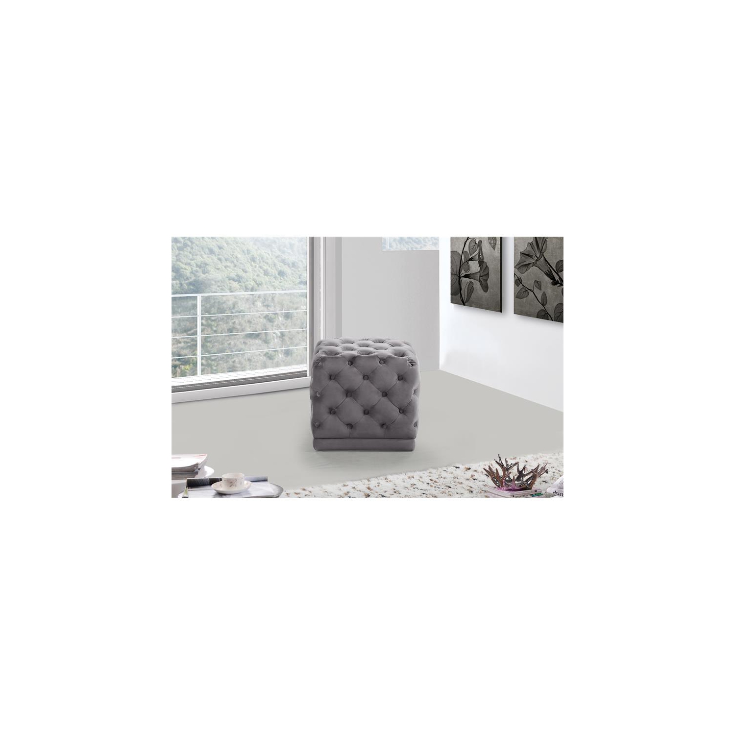 Meridian Furniture Stella Contemporary Velvet Ottoman/Stool in Gray