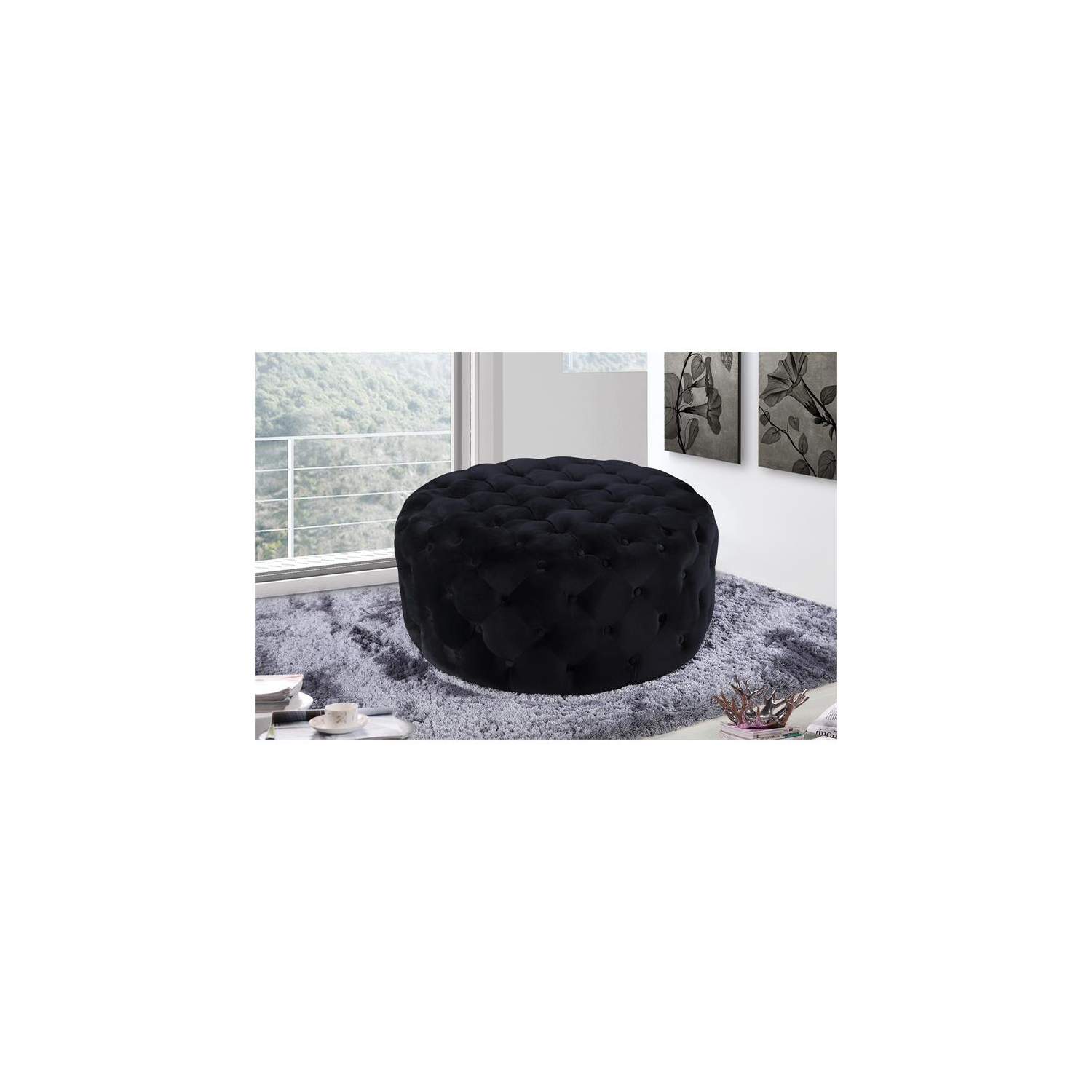 Meridian Furniture Addison Button Tufted Black Velvet Ottoman and Bench