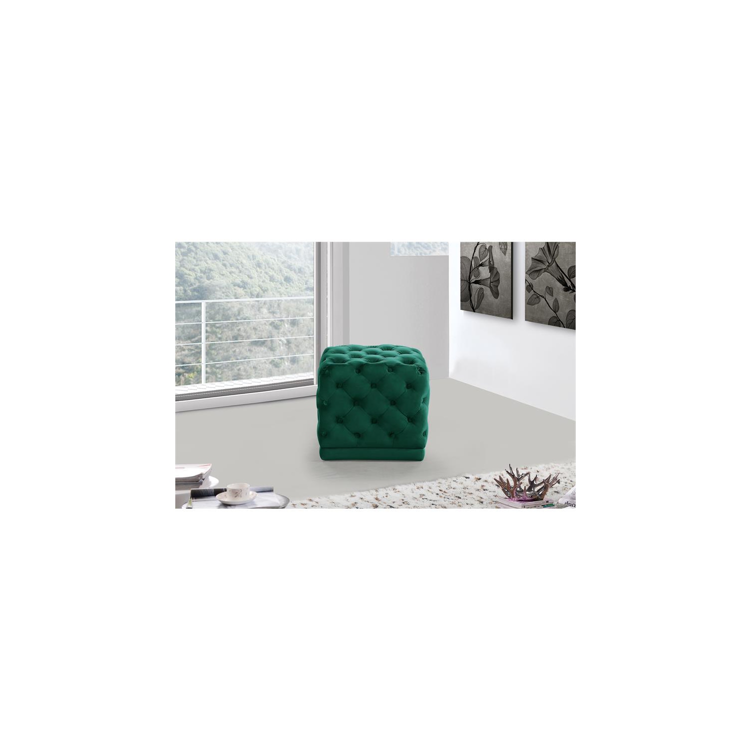 Meridian Furniture Stella Contemporary Velvet Ottoman/Stool in Green