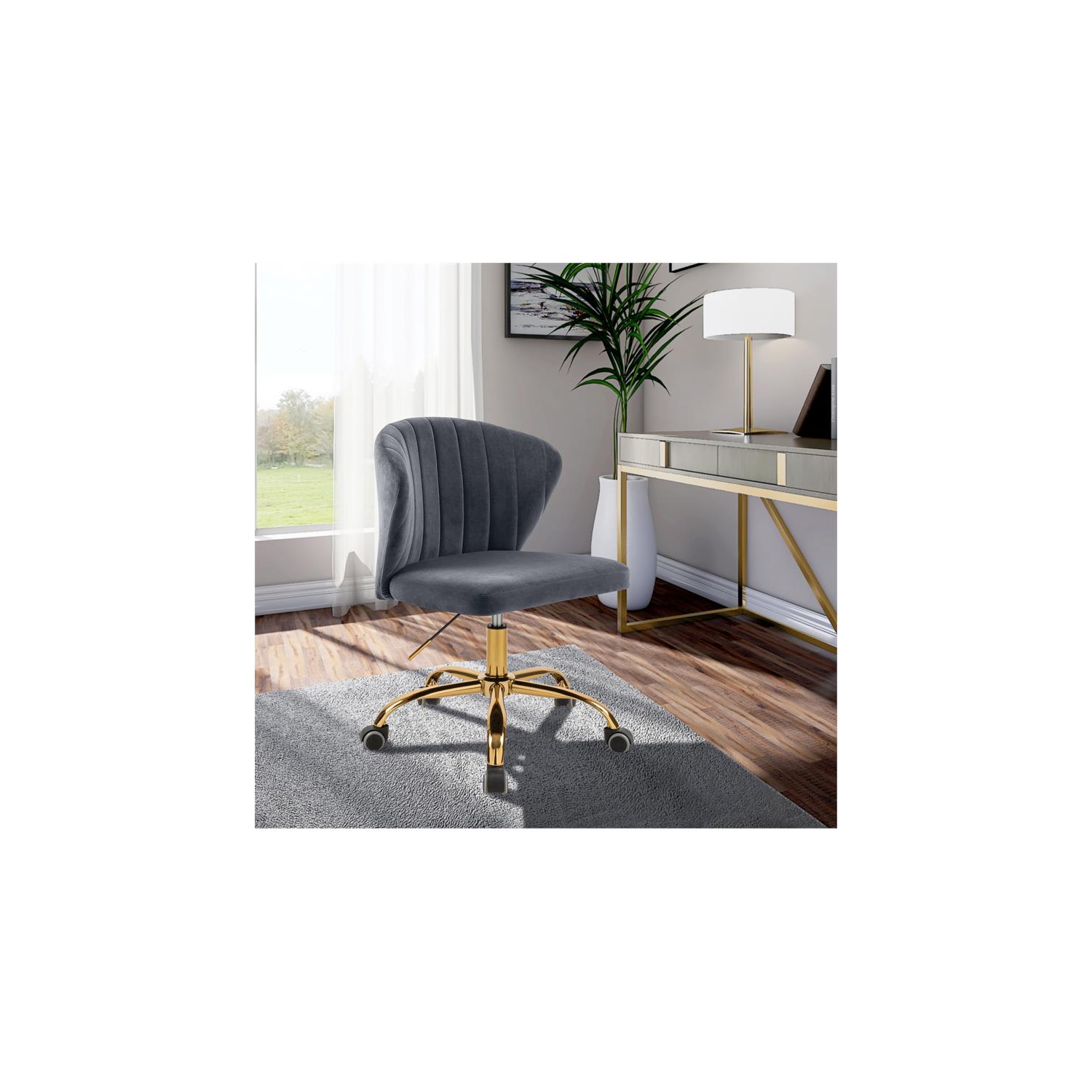 Meridian Furniture Finley Swivel Adjustable Gray Velvet and Gold Office Chair