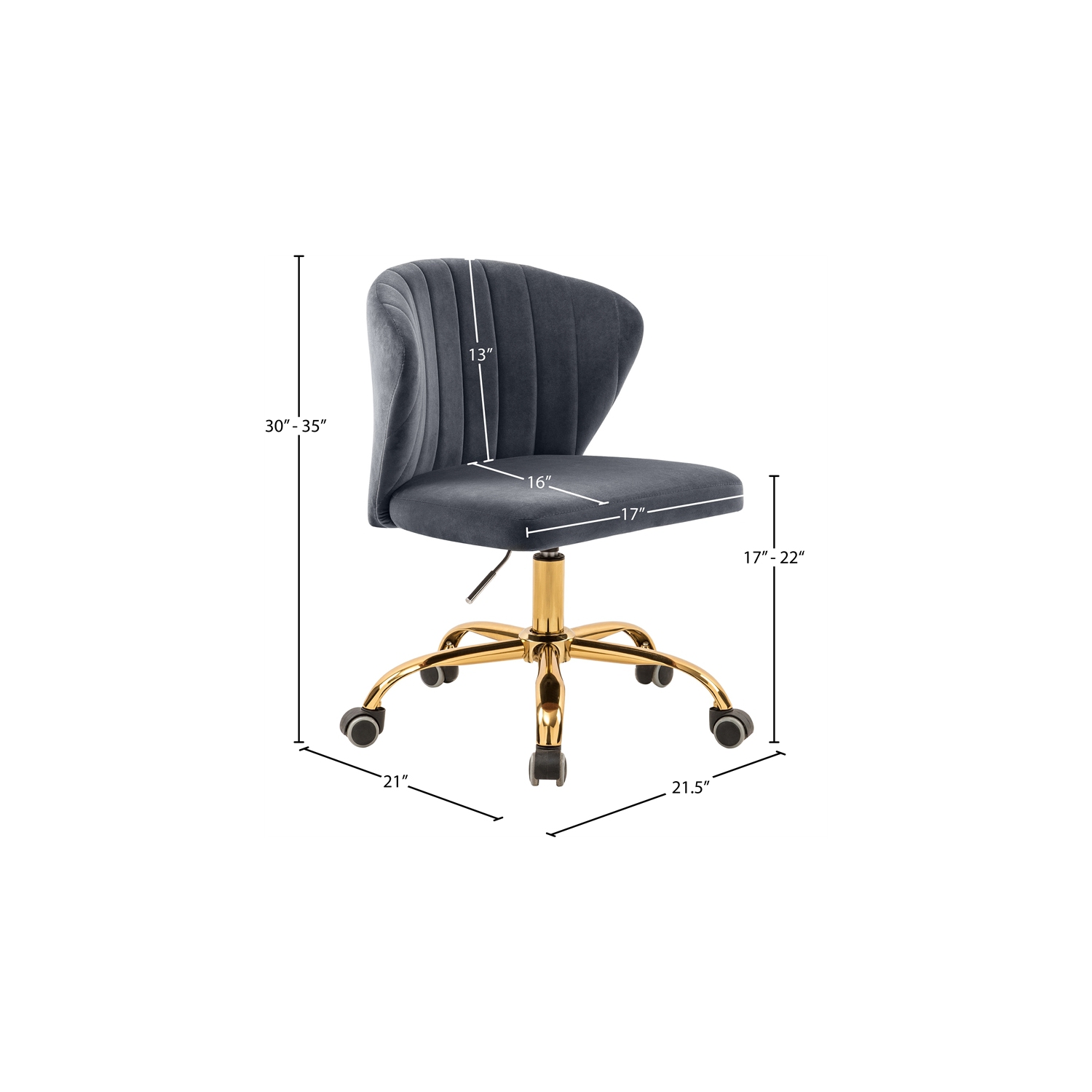 Meridian Furniture Finley Swivel Adjustable Gray Velvet and Gold Office Chair