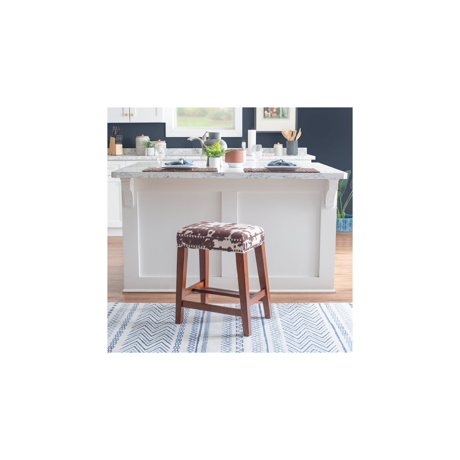 Riverbay Furniture 24" Transitional Wood/Fabric Cow Print Counter Stool in Brown