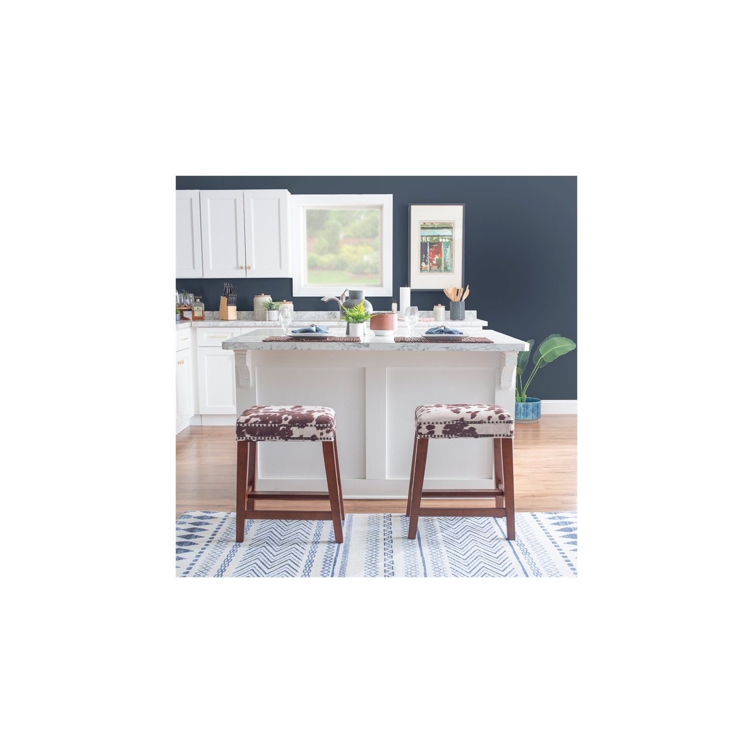 Riverbay Furniture 24" Transitional Wood/Fabric Cow Print Counter Stool in Brown