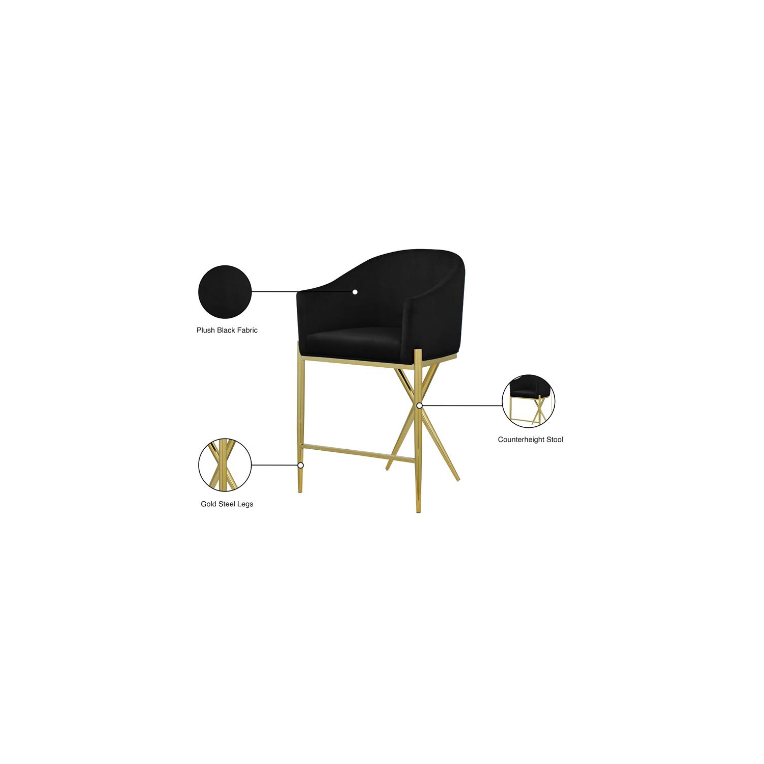 Tabouret de comptoir en velours noir Xavier de Meridian Furniture avec pattes en métal doré