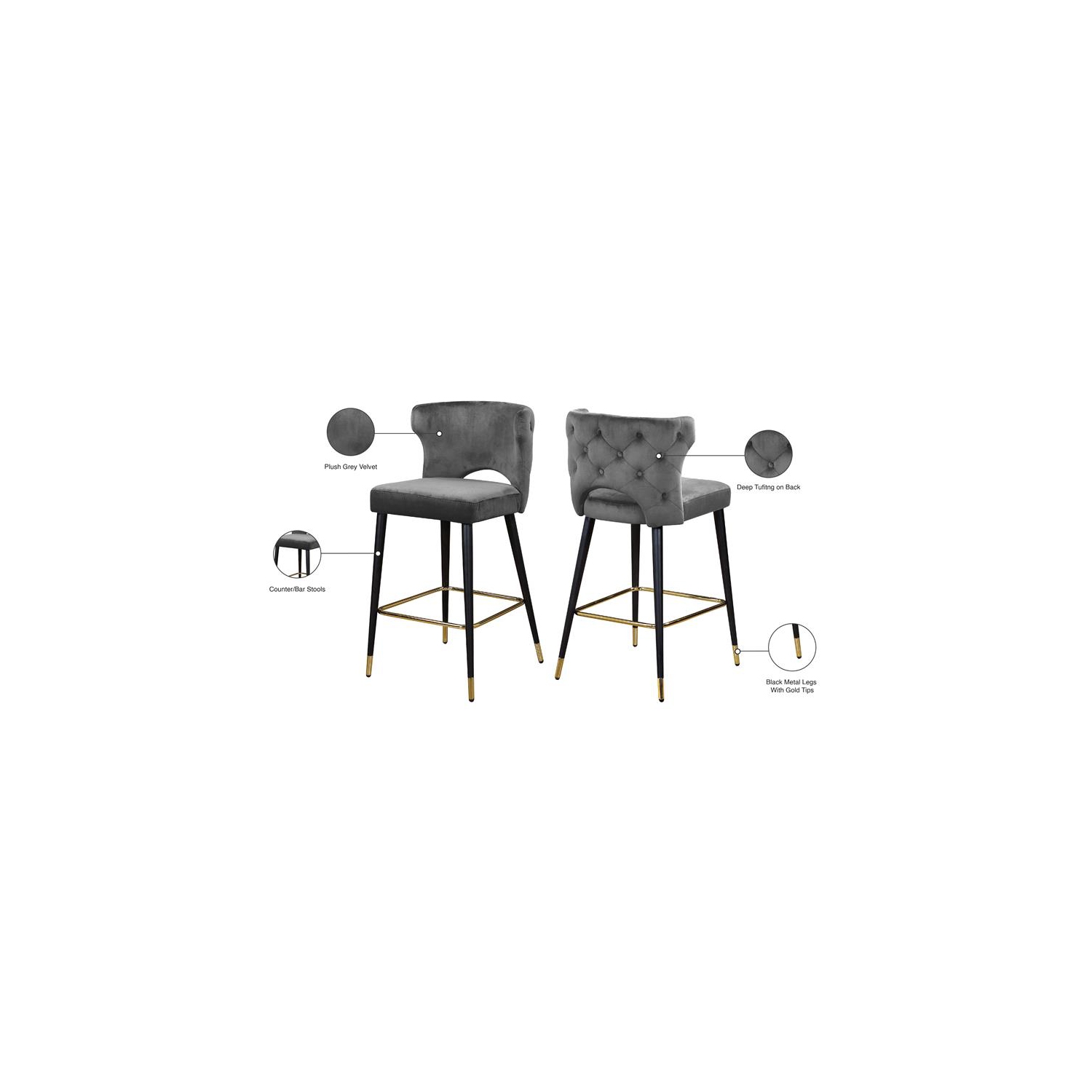 Meridian Furniture Kelly 28"H Velvet Counter Stool in Gray