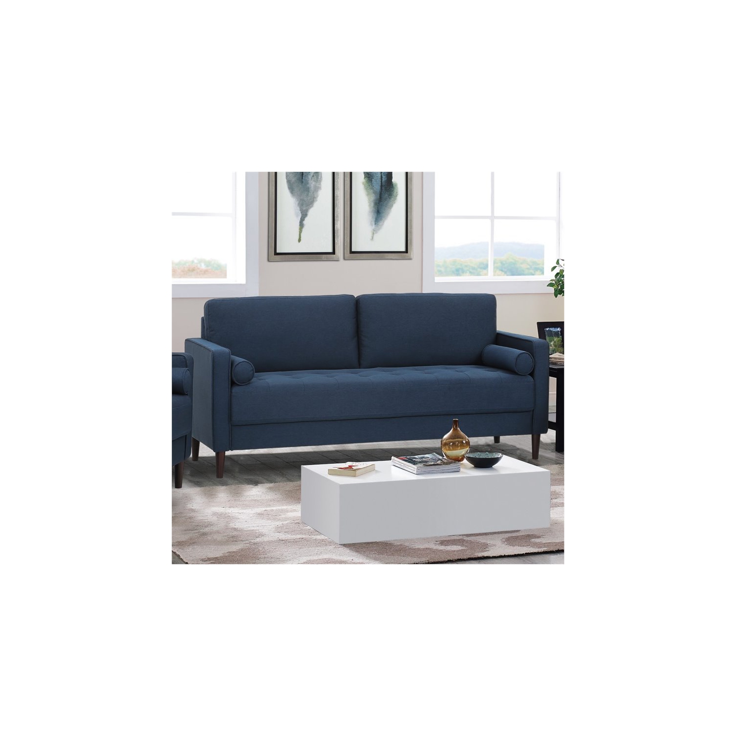 Hawthorne Collections 18.5" Mid-Century Fabric Upholstered Sofa in Navy Blue