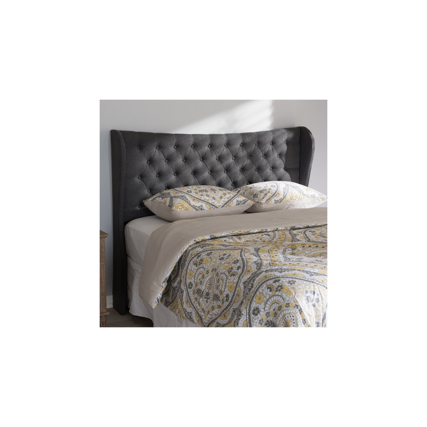 Baxton Studio Cadence Queen Winged Panel Headboard in Dark Gray