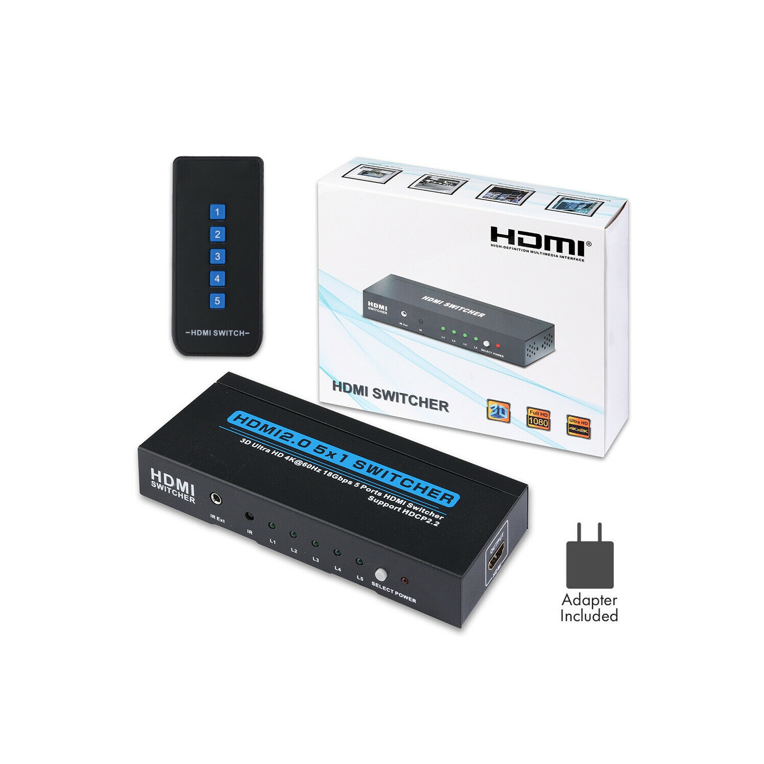 [Plug & Play] 5 In 1 Out HDMI Switcher with IR Remote Support 4K 60hz, 2K, 1080P