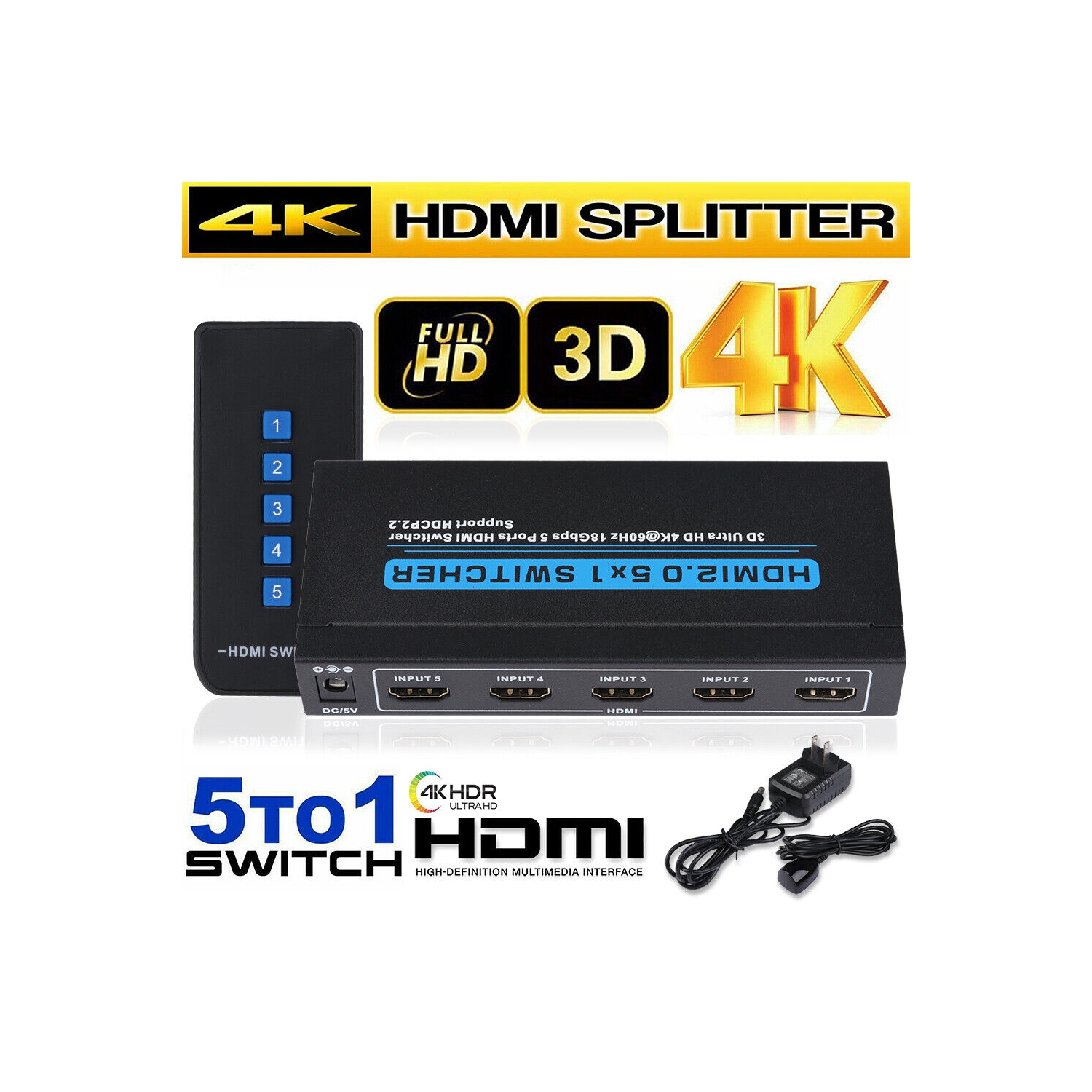 Compare prices for HDMI Switch 4K, HDMI Switch Automatic/Manual HDMI  Switcher 5 in 1 Out HDMI Splitter, HDMI Splitter Supports 4K  60hz/2K/1080P/3D/HDCP 2.2/UHD/HDR for PS 3/4/Xbox One/360/DVD/HDTV etc  across all European