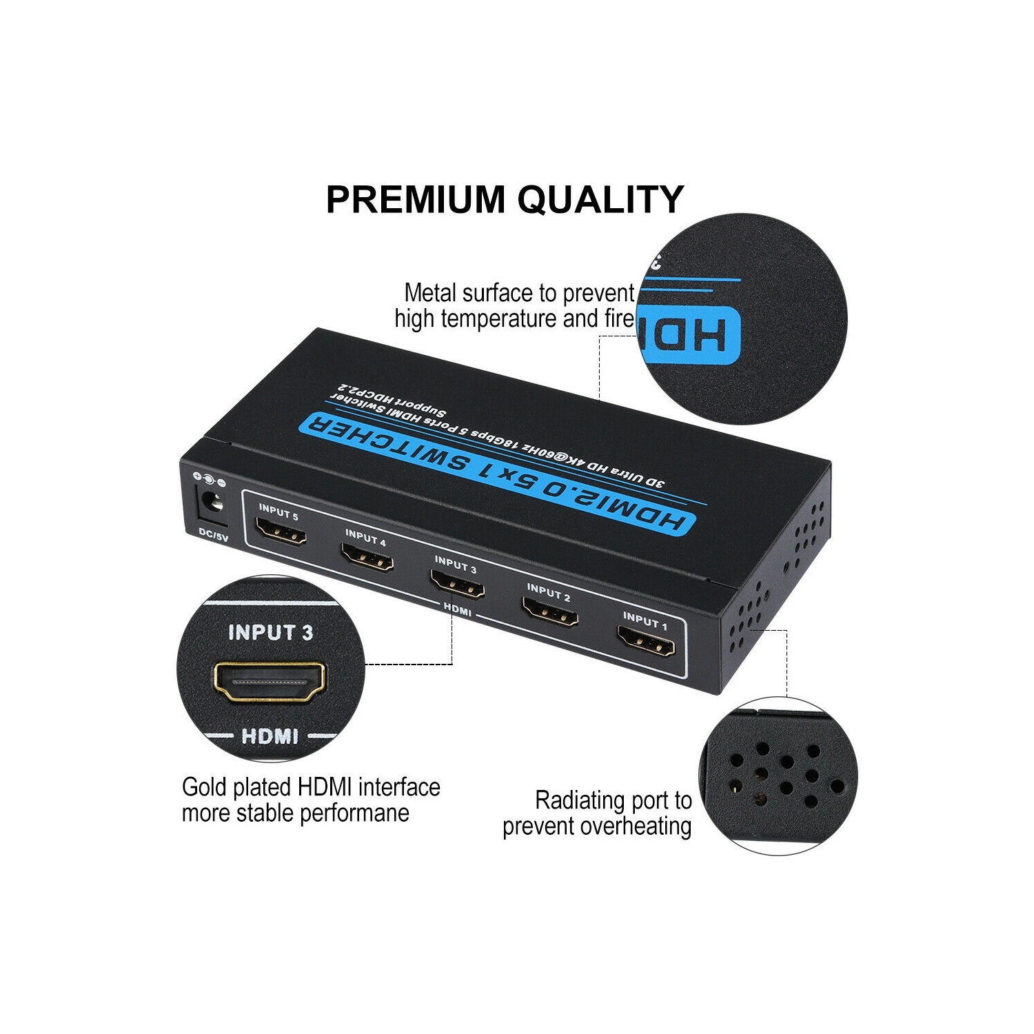 [Plug & Play] 5 In 1 Out HDMI Switcher with IR Remote Support 4K 60hz, 2K, 1080P