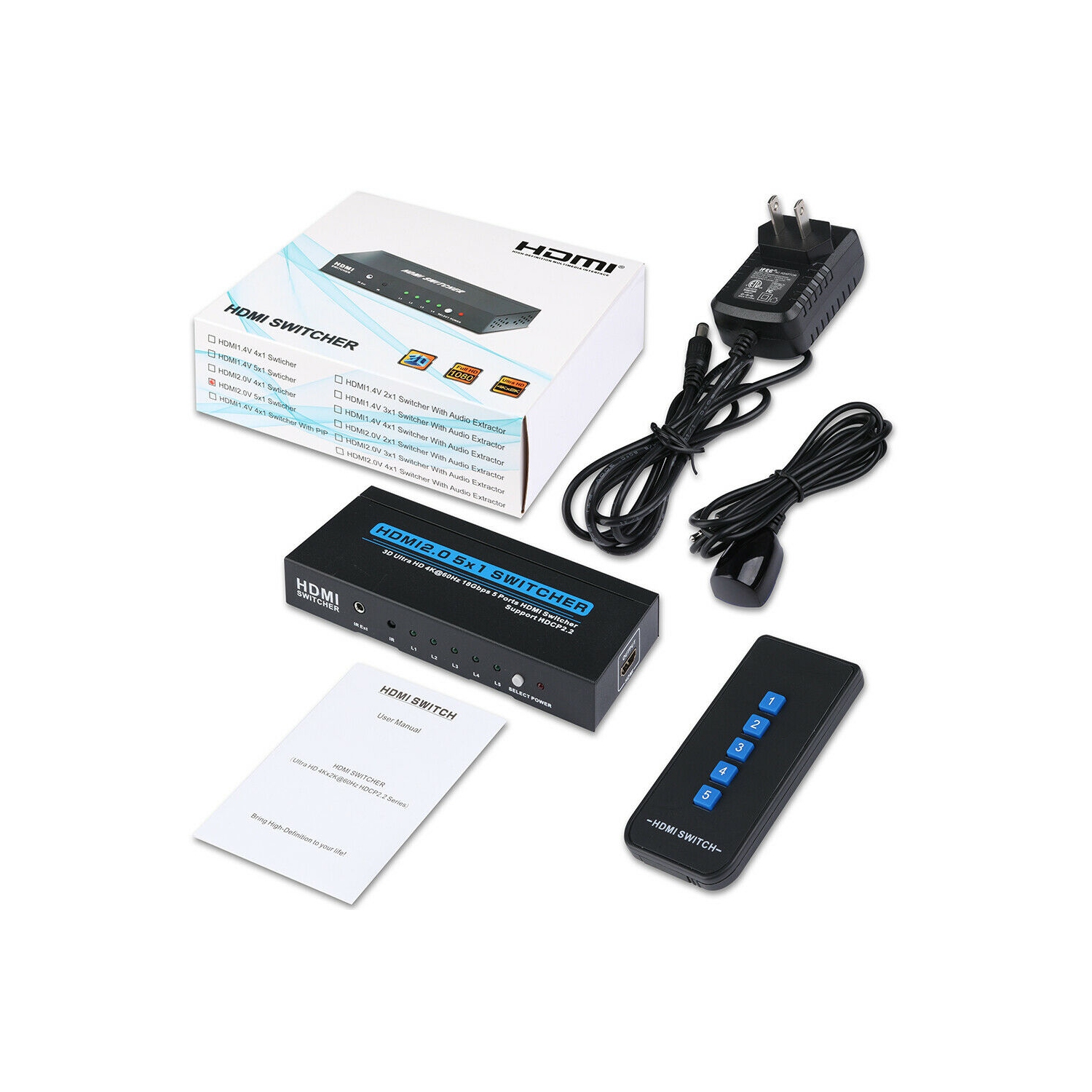 [Plug & Play] 5 In 1 Out HDMI Switcher with IR Remote Support 4K 60hz, 2K, 1080P