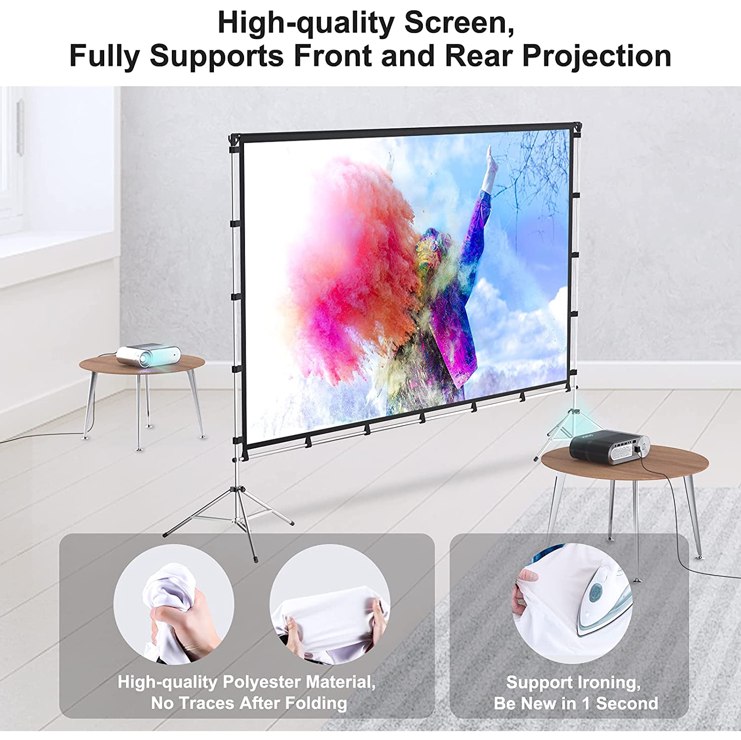 Outdoor Indoor Projector Screen with Stand Foldable Portable Movie Screen 100 inch Full-Set Bag for Home Theater Camping and Recreational Events